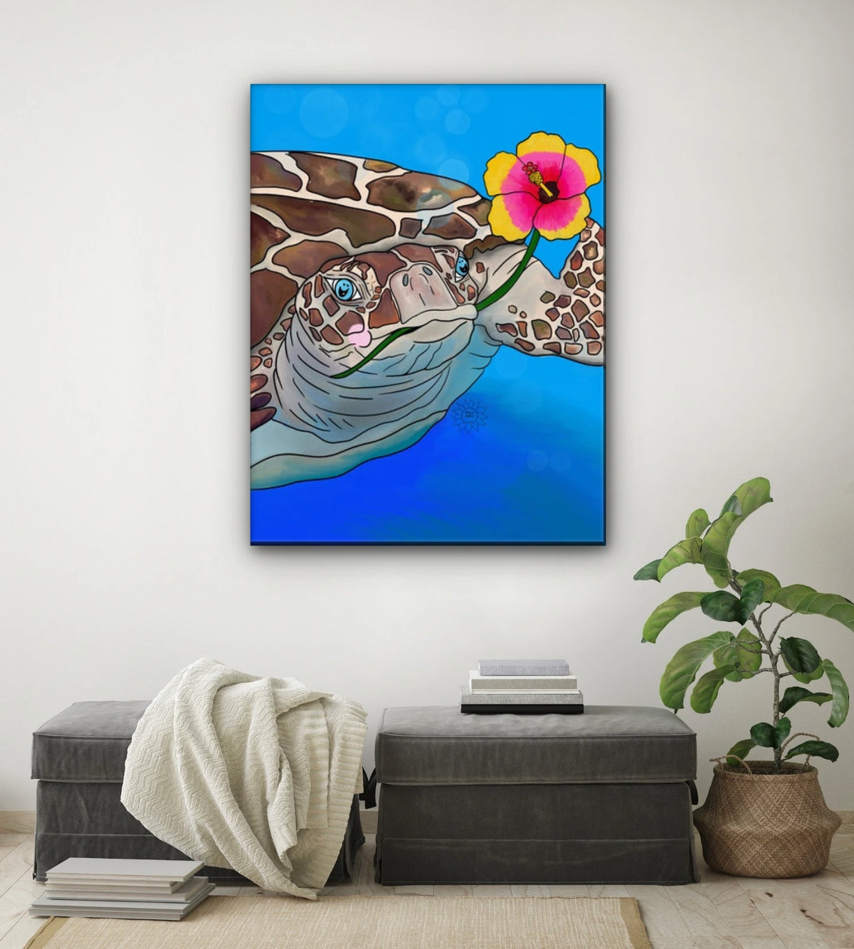 Sawyer the Turtle - extra large 36 x 48 unframed art print shown hanging on a wall
