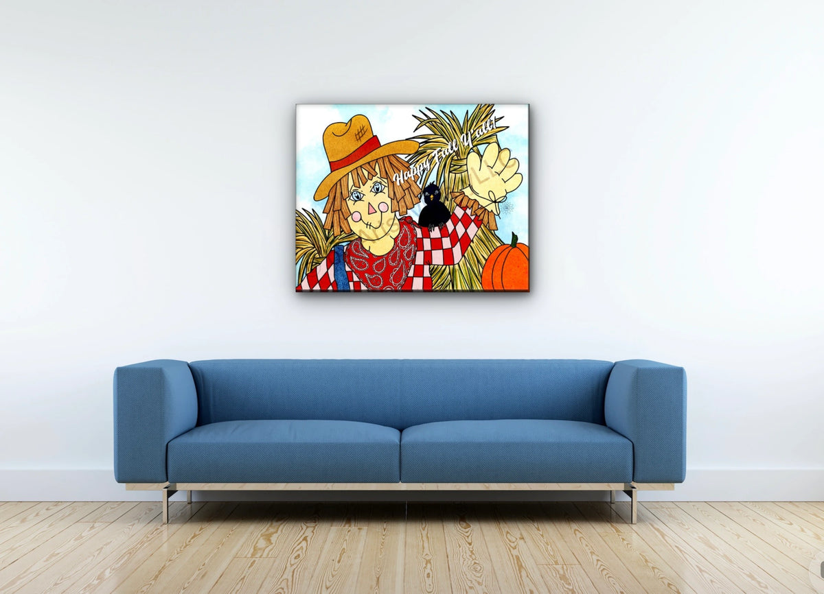 Scarecrow Happy Fall Y'all - large 24 x 36 unframed art print shown hanging on a wall