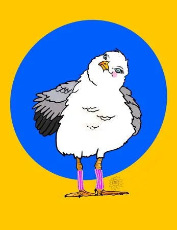 A watercolor painting of a seagull standing against a blue and yellow ground.