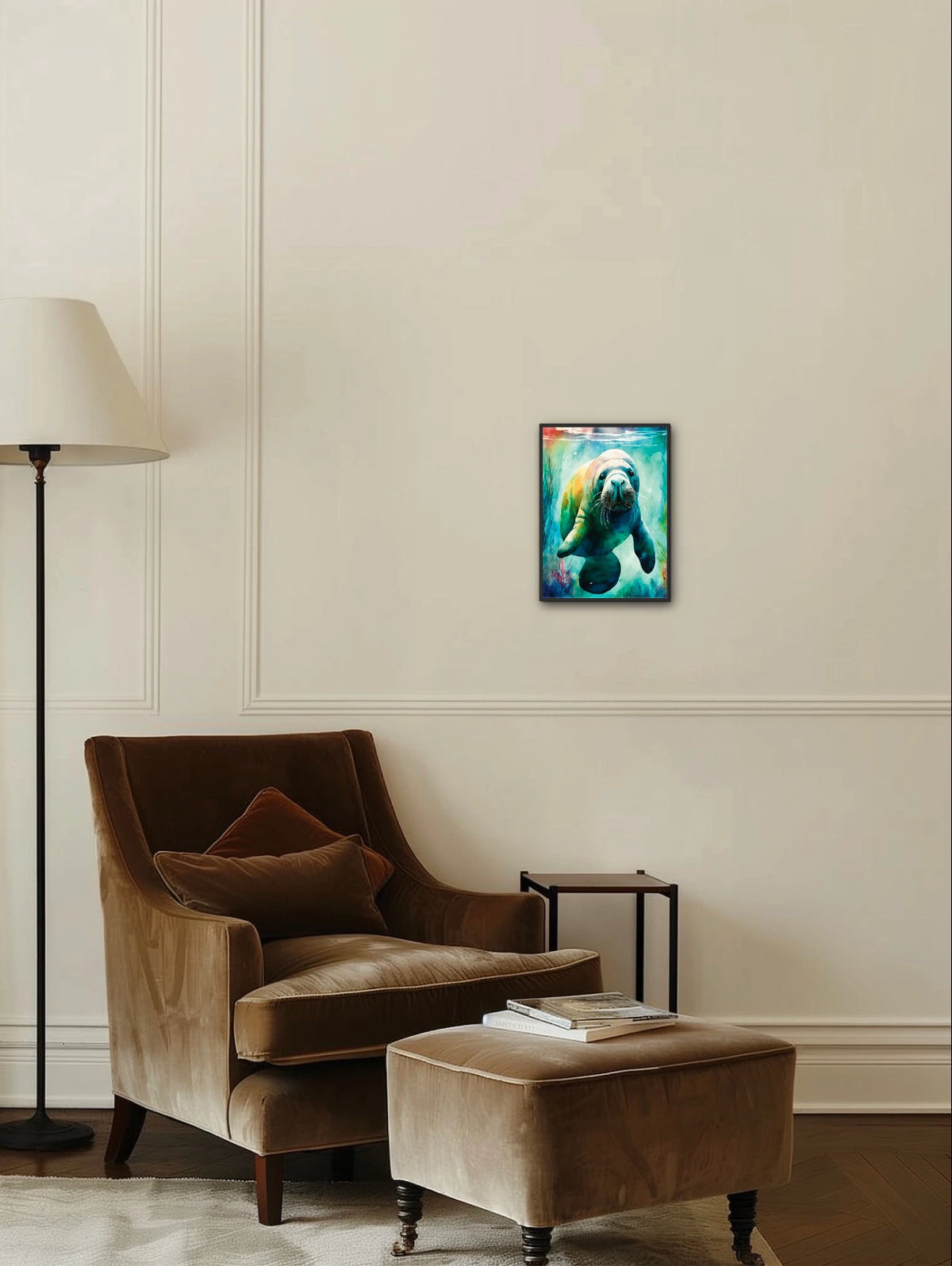 Seaweed the Manatee - medium 12 x 16 framed art print shown hanging on a wall