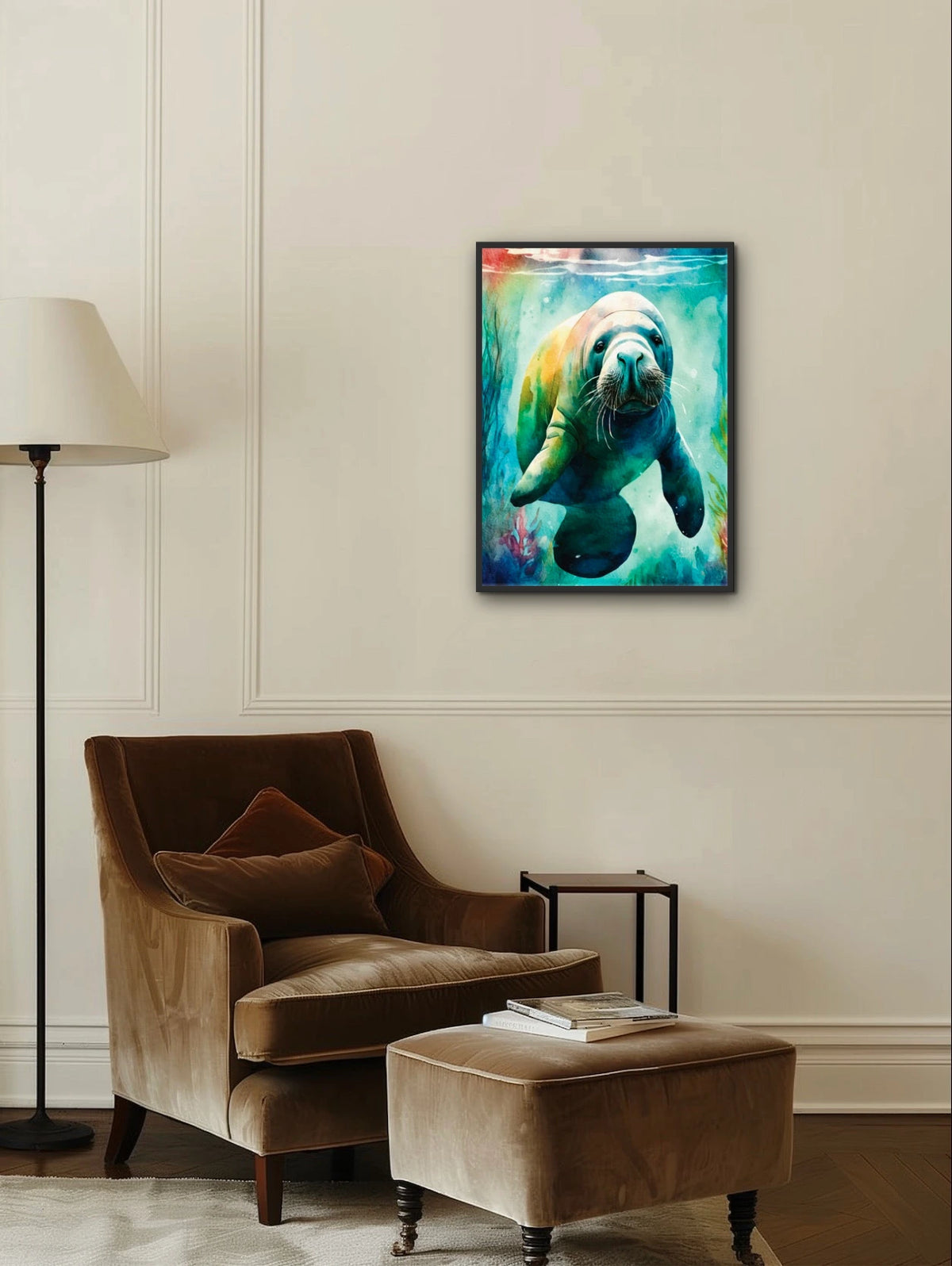 Seaweed the Manatee - large 24 x 36 framed art print shown hanging on a wall