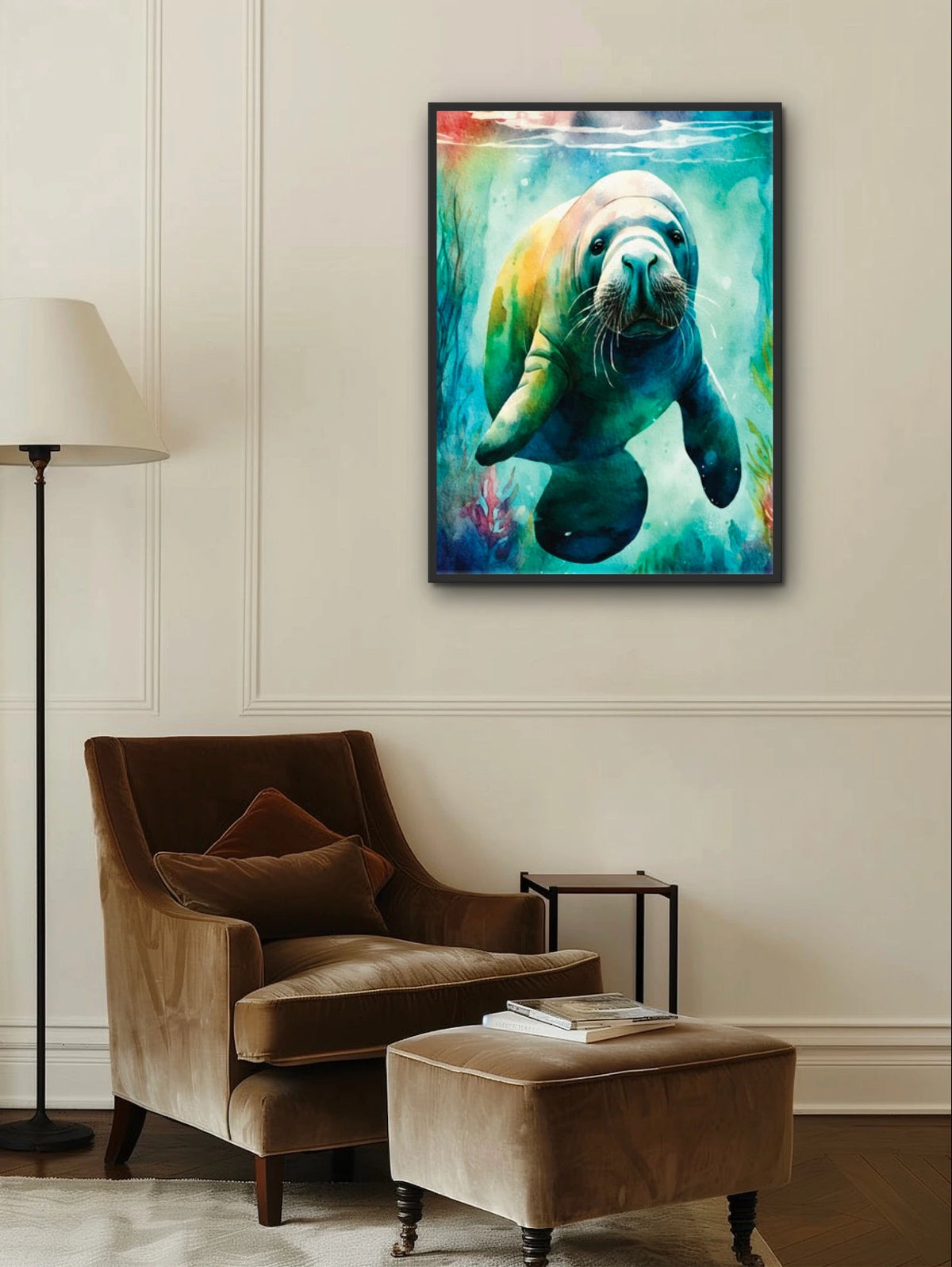 Seaweed the Manatee - extra large 36 x 48 framed art print shown hanging on a wall