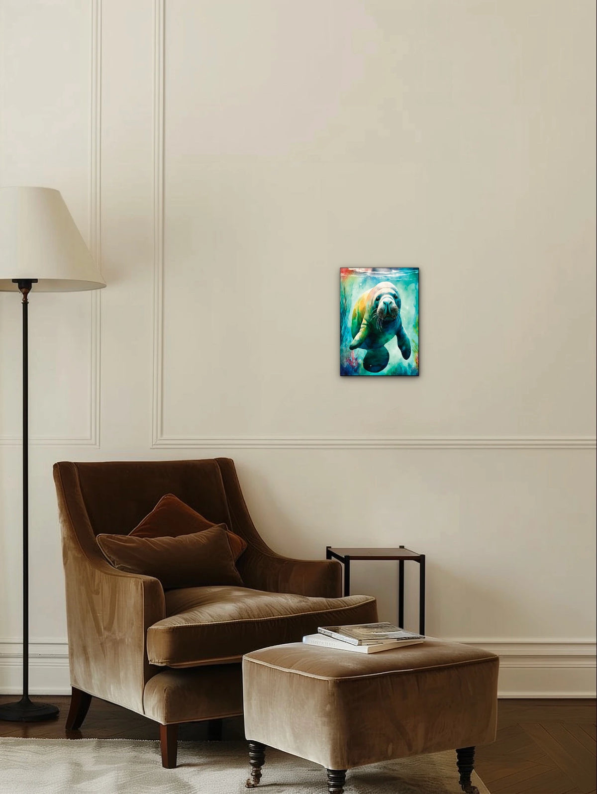 Seaweed the Manatee - medium 12 x 16 unframed art print shown hanging on a wall