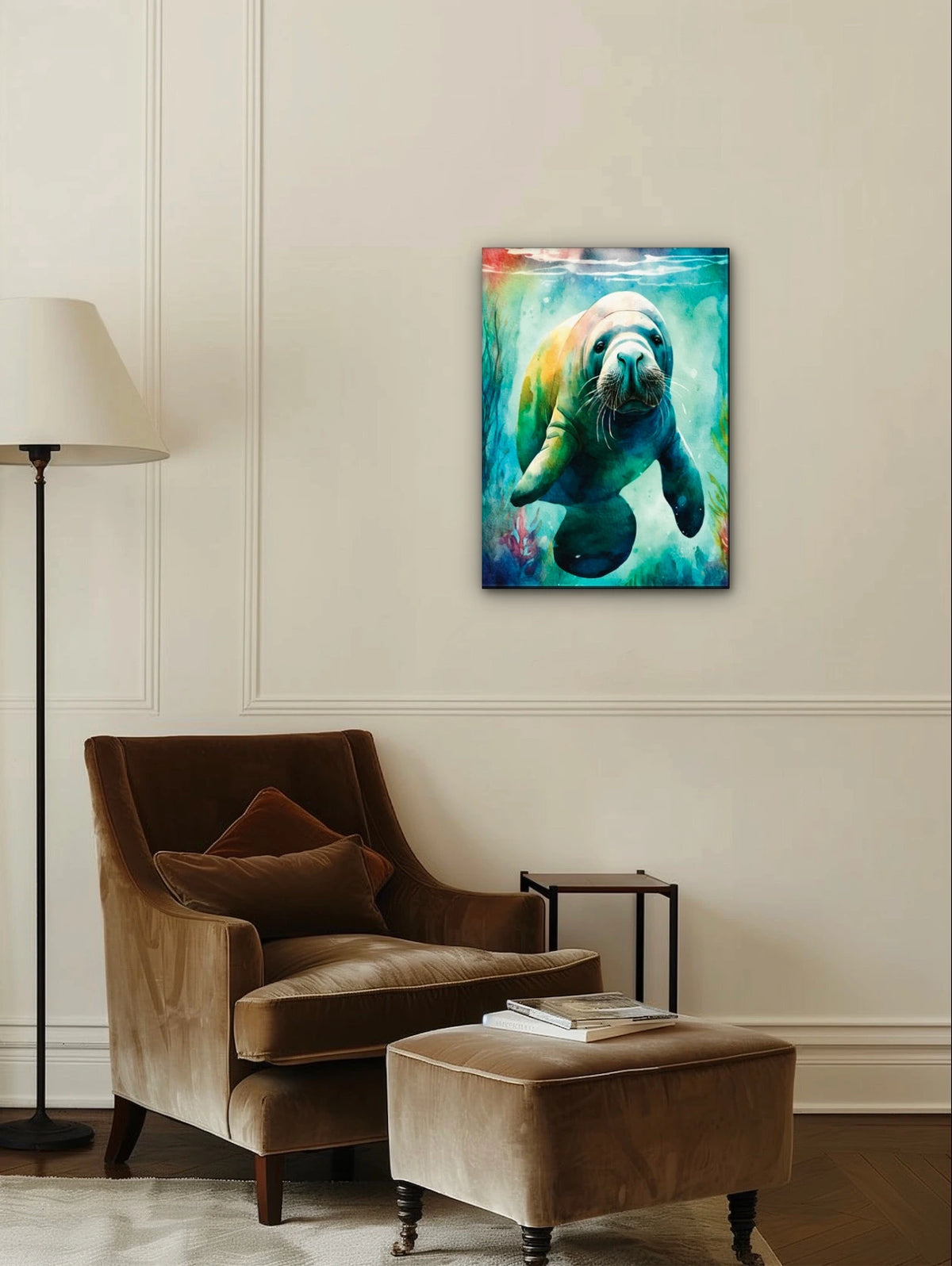 Seaweed the Manatee - large 24 x 36 unframed art print shown hanging on a wall