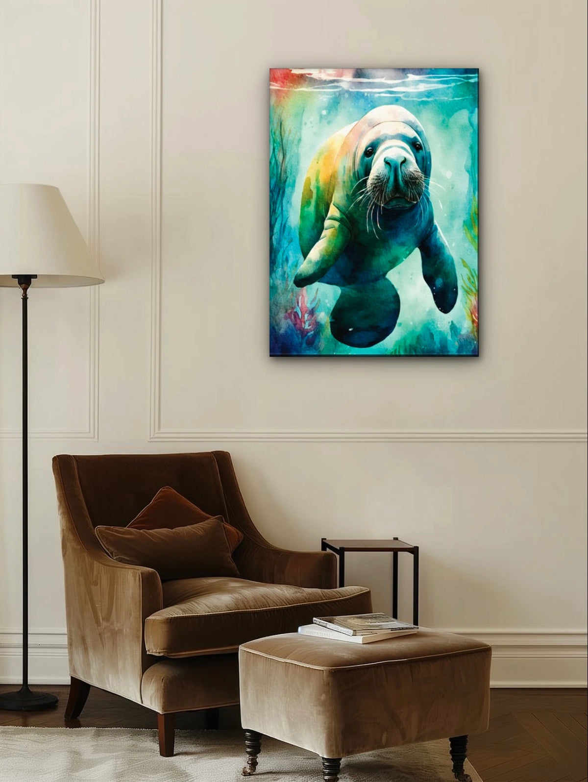 Seaweed the Manatee - extra large 36 x 48 unframed art print shown hanging on a wall