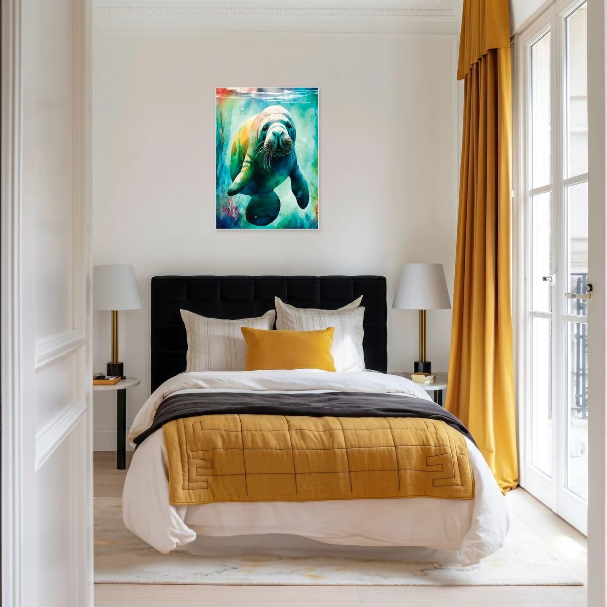 This is a large 24 x 36 unframed watercolor art print of a manatee swimming underwater. Created by professional artists, this high-quality watercolor print on textured matte paper adds a touch of character to any home or office decor.
