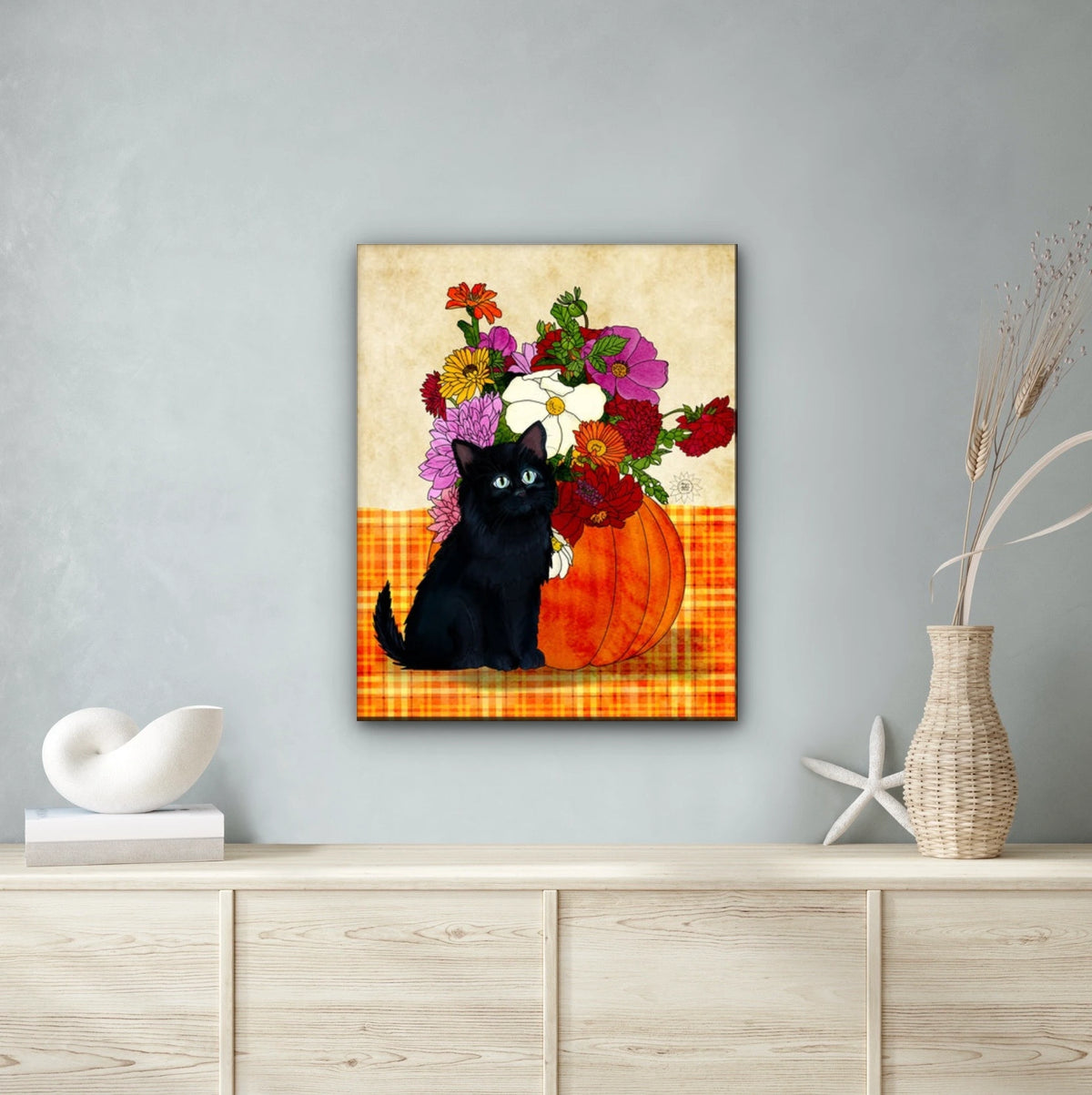 Shadow the Kitten Harvest Time - extra large 36 x 48 unframed art print shown hanging on a wall
