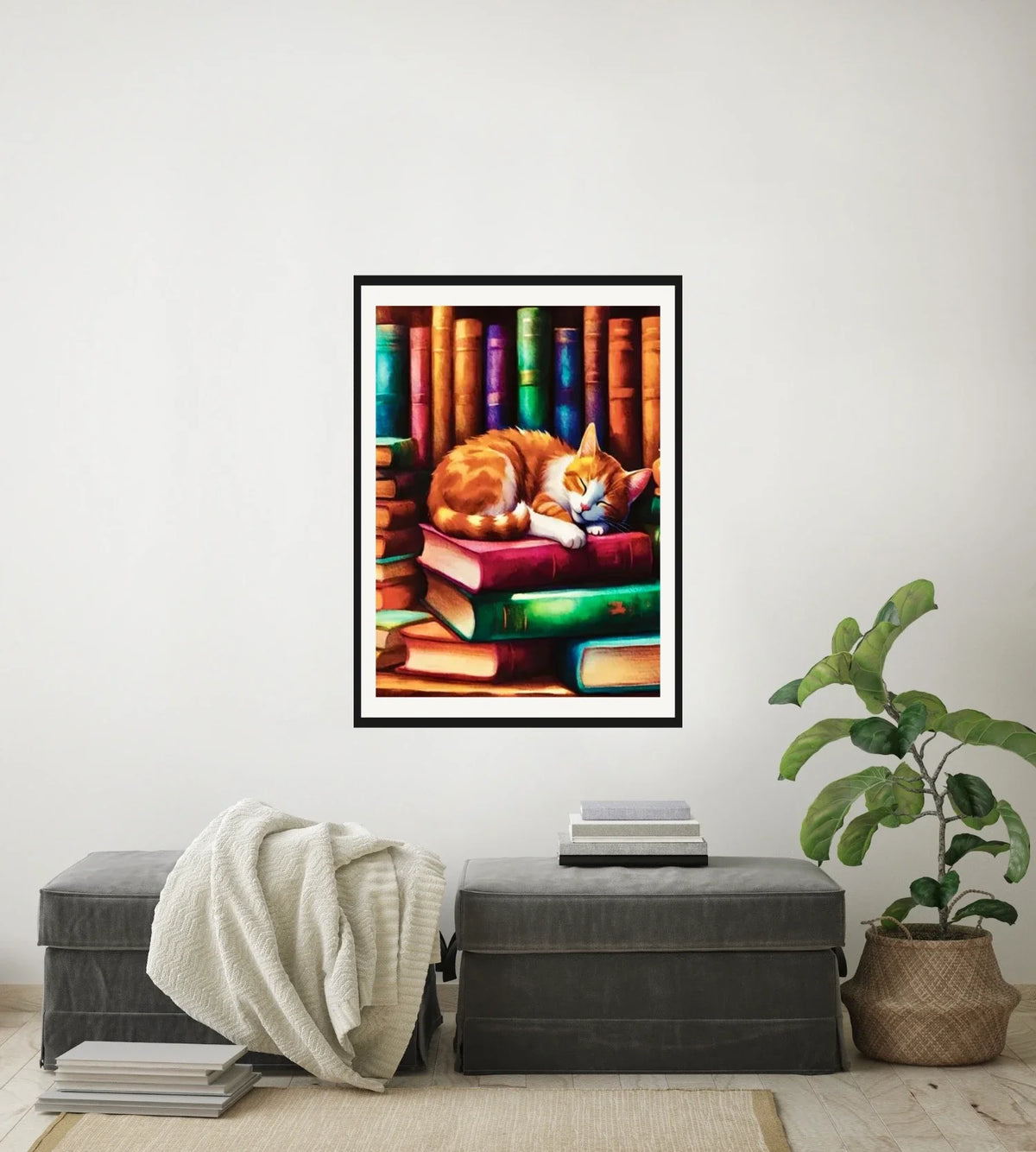 Sleeping Cat on Books - large 24 x 36 matted and framed art print shown hanging on a wall