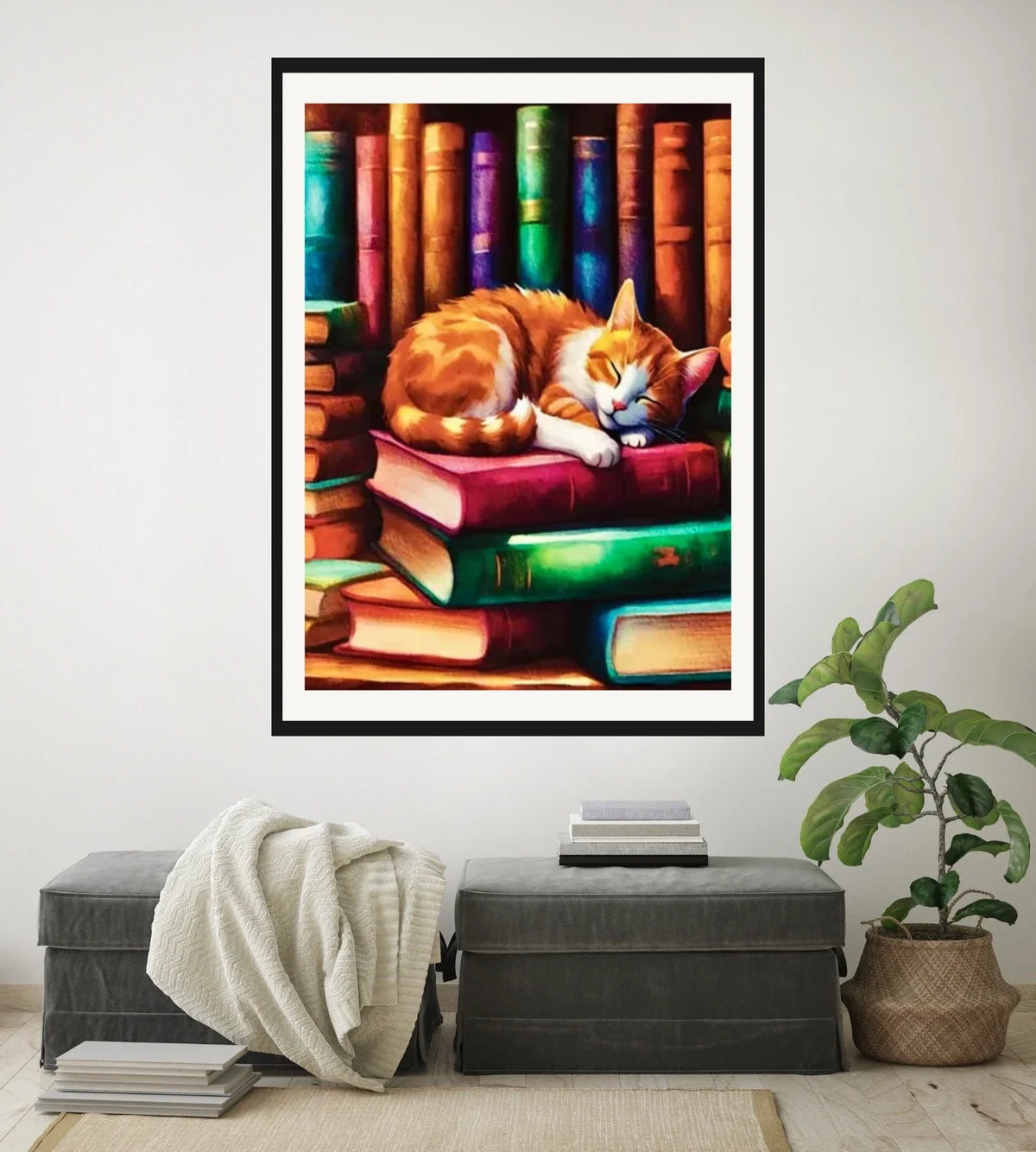 Sleeping Cat on Books - extra large 36 x 48 matted and framed art print shown hanging on a wall