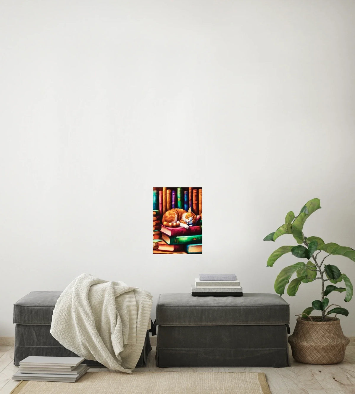 Sleeping Cat on Books - medium 12 x 16 unframed art print shown hanging on a wall