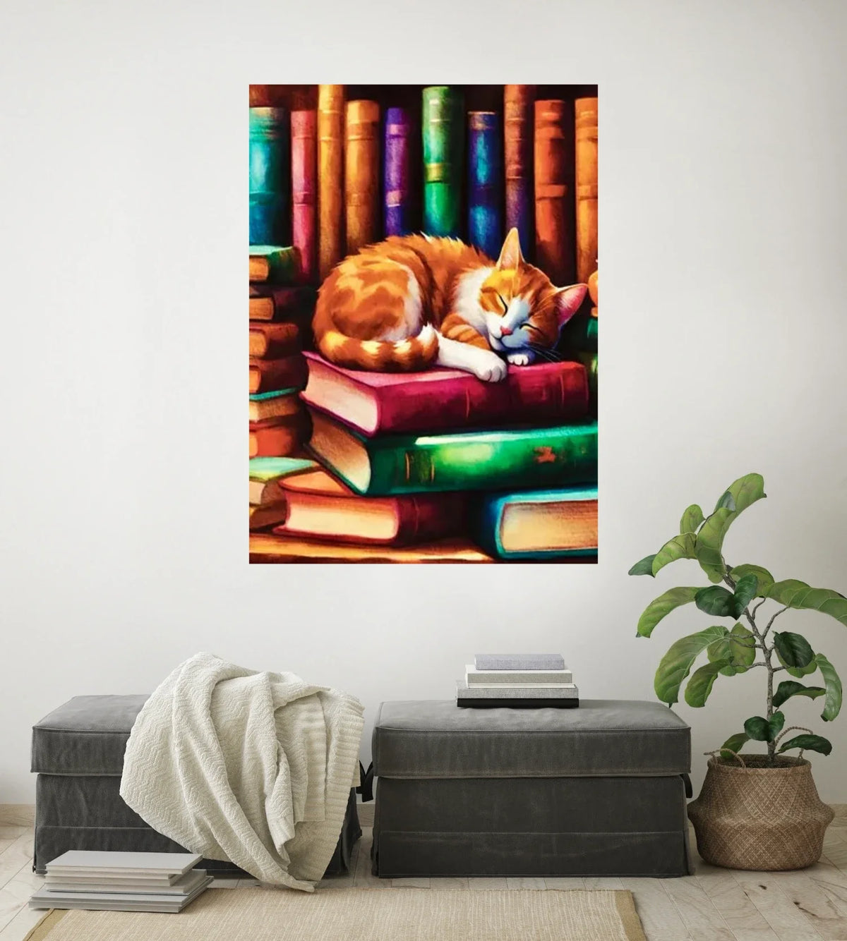 Sleeping Cat on Books - extra large 36 x 48 unframed art print shown hanging on a wall