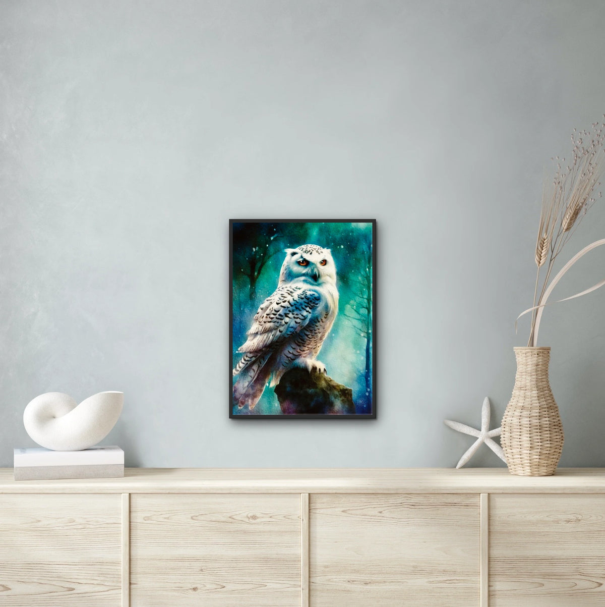 Snow Owl Hunting - large 24 x 36 framed art print shown hanging on a wall