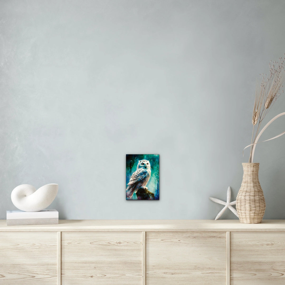 Snow Owl Hunting - medium 12 x 16 unframed art print shown hanging on a wall