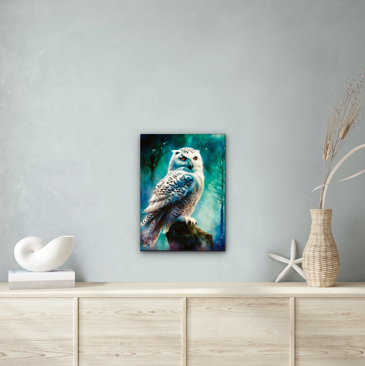 Snow Owl Hunting - large 24 x 36 unframed art print shown hanging on a wall