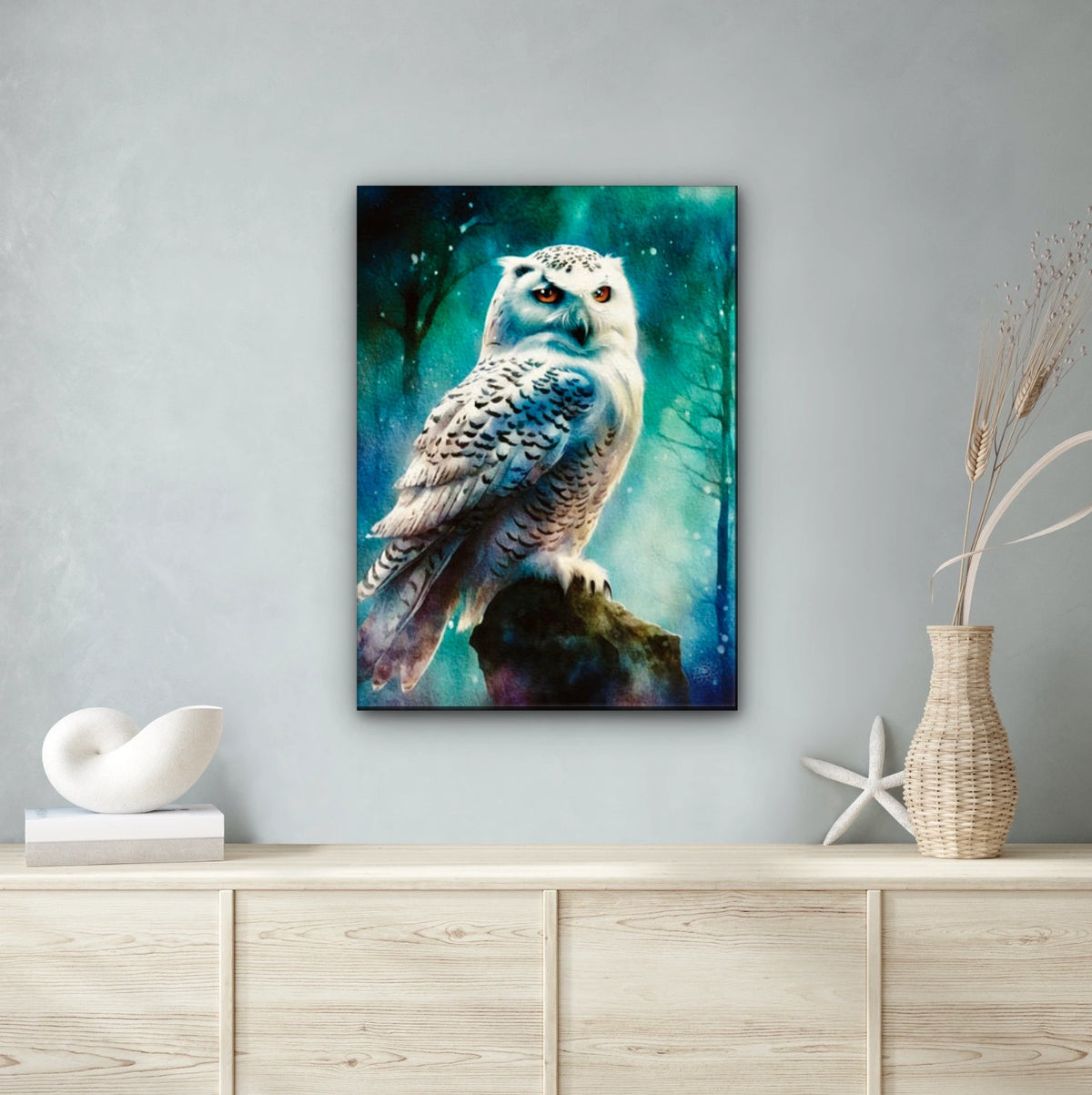 Snow Owl Hunting - extra large 36 x 48 unframed art print shown hanging on a wall