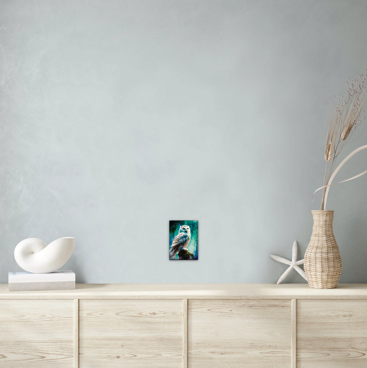 Snow Owl Hunting - small 8 x 10 unframed art print shown hanging on a wall