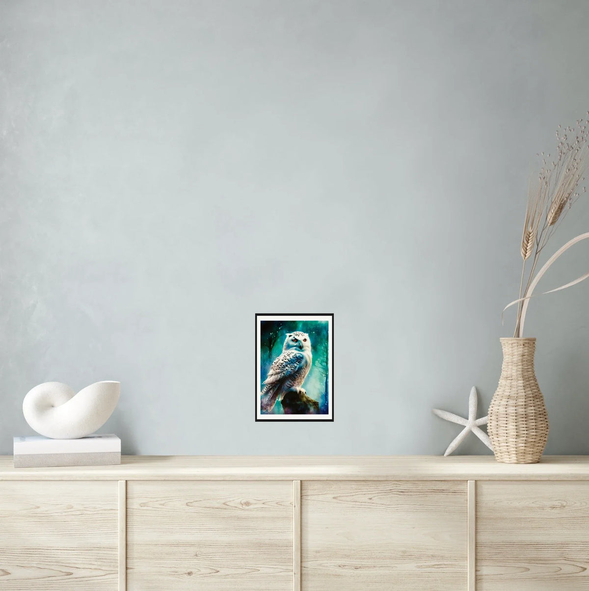 Snow Owl Hunting - medium 12 x 16 matted and framed art print shown hanging on a wall