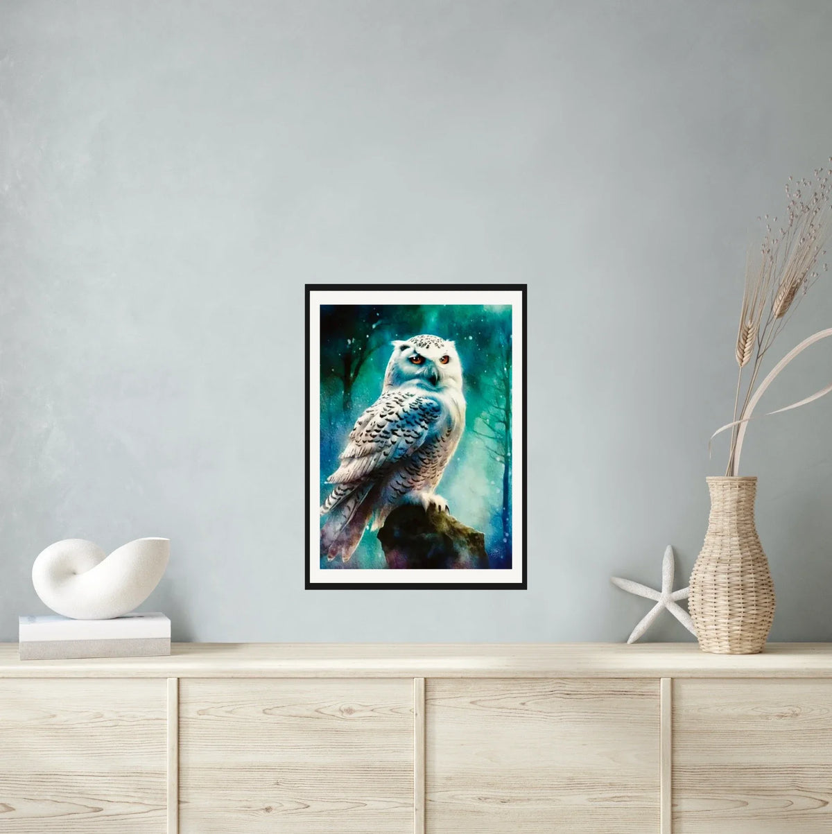 Snow Owl Hunting - large 24 x 36 matted and framed art print shown hanging on a wall