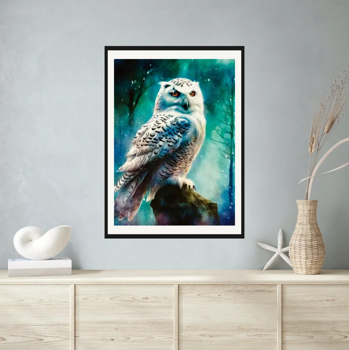 Snow Owl Hunting - extra large 36 x 48 matted and framed art print shown hanging on a wall