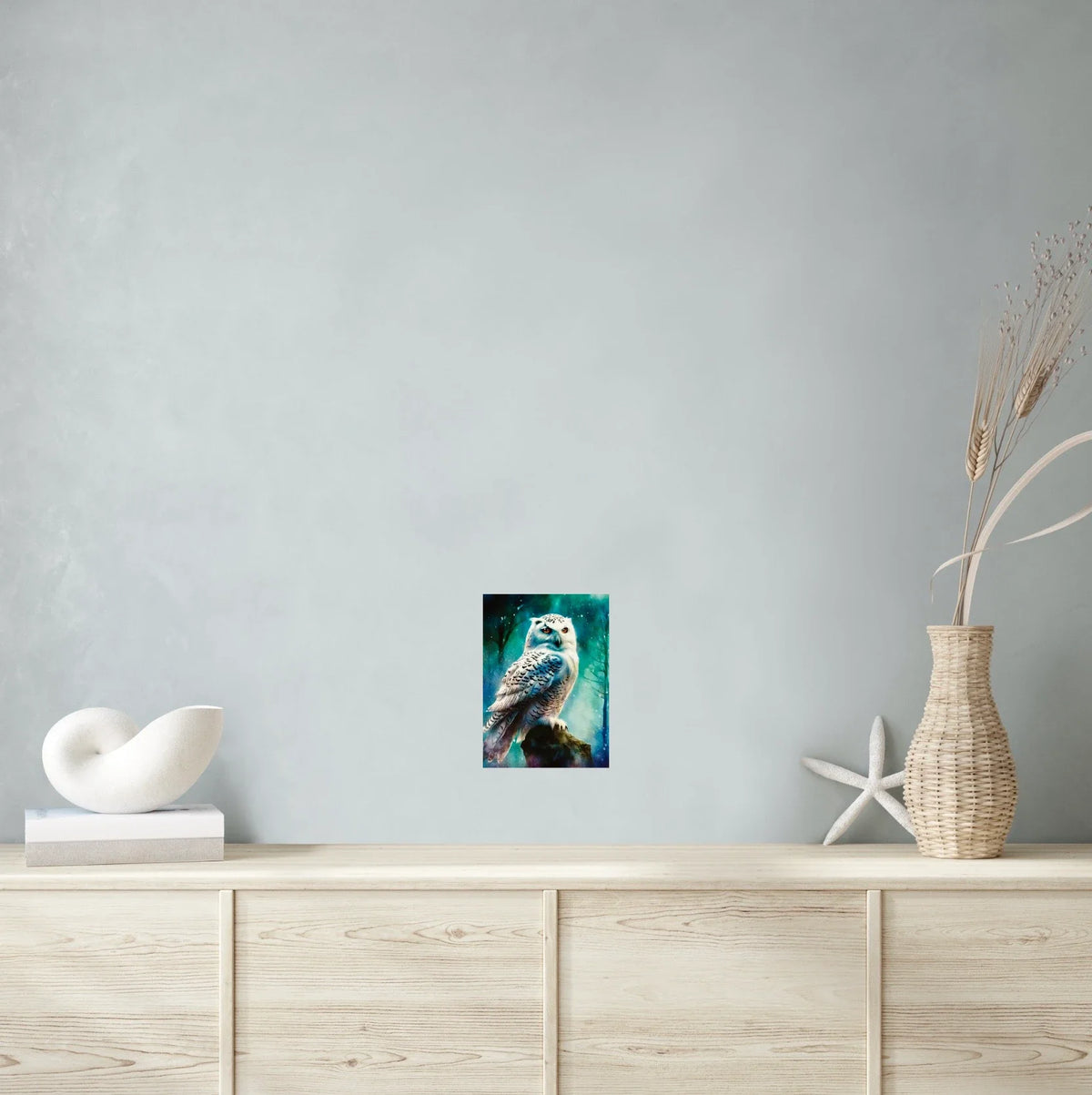 Snow Owl Hunting - medium 12 x 16 unframed art print shown hanging on a wall