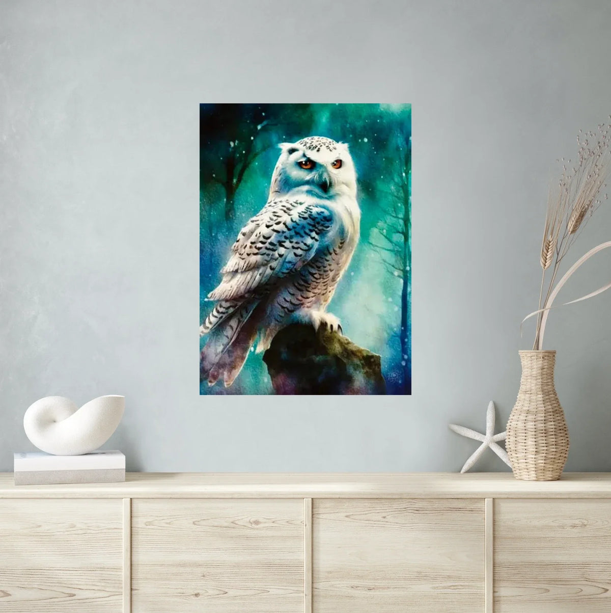 Snow Owl Hunting - extra large 36 x 48 unframed art print shown hanging on a wall