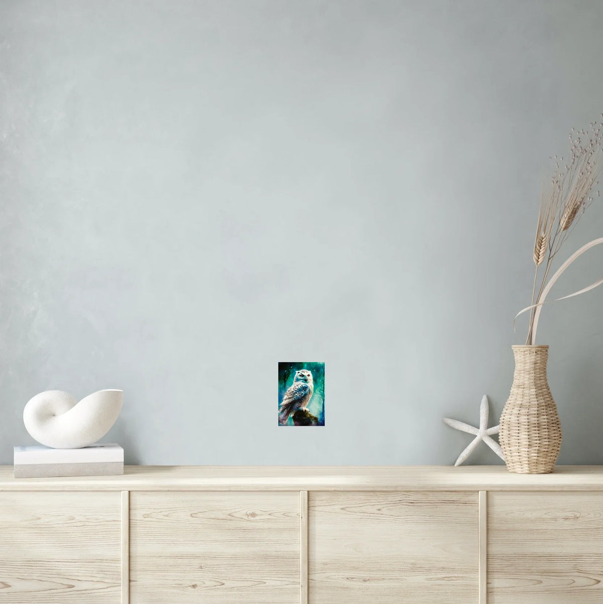Snow Owl Hunting - small 8 x 10 unframed art print shown hanging on a wall