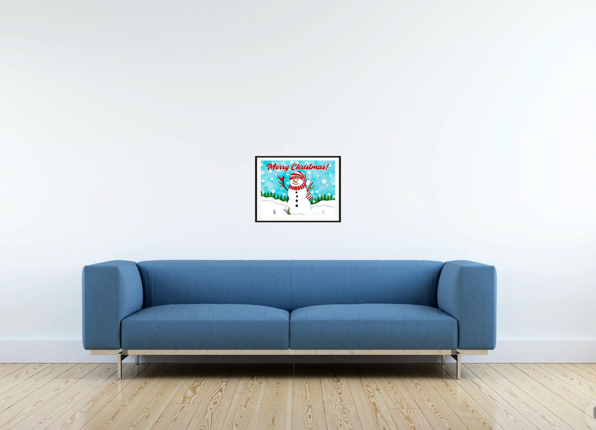 Snowman All the Way - medium 12 x 16 matted and framed art print shown hanging on a wall