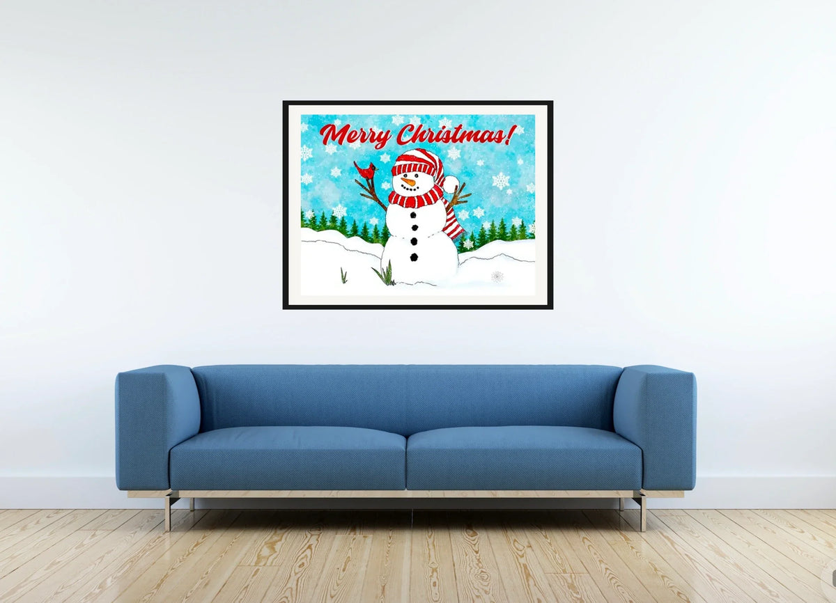 Snowman All the Way - large 24 x 36 matted and framed art print shown hanging on a wall
