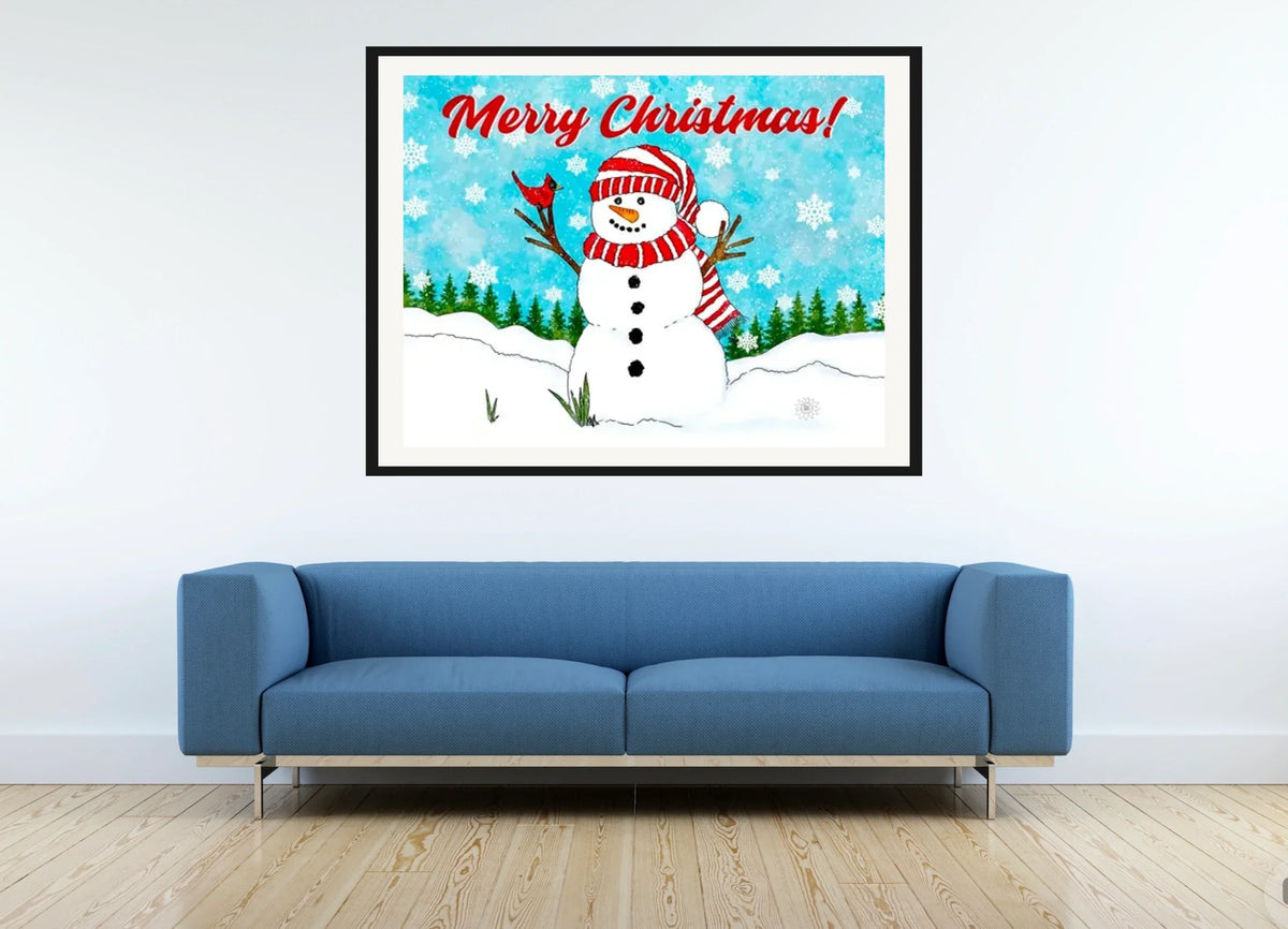 Snowman All the Way - extra large 36 x 48 matted and framed art print shown hanging on a wall