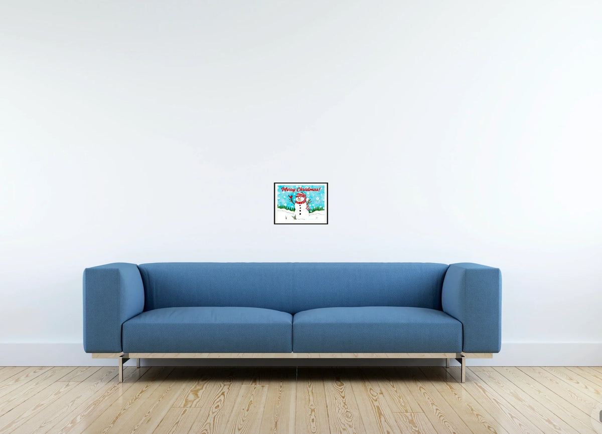 Snowman All the Way - small 8 x 10 matted and framed art print shown hanging on a wall