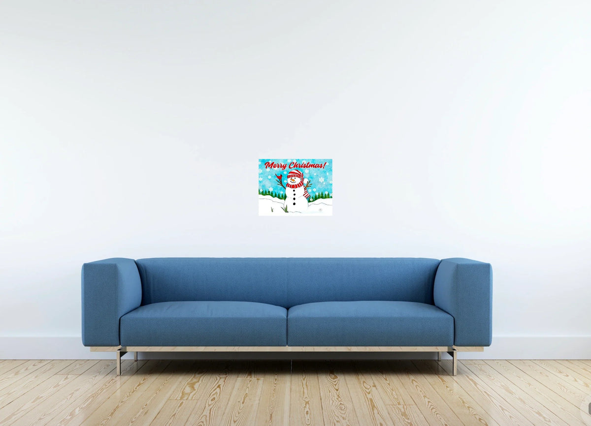 Snowman All the Way - medium 12 x 16 unframed art print shown hanging on a wall