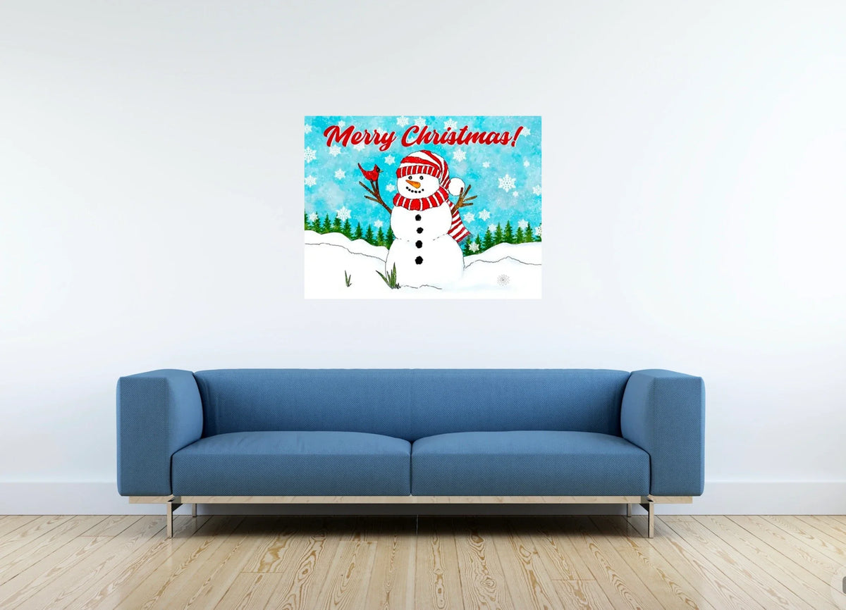 Snowman All the Way - large 24 x 36 unframed art print shown hanging on a wall