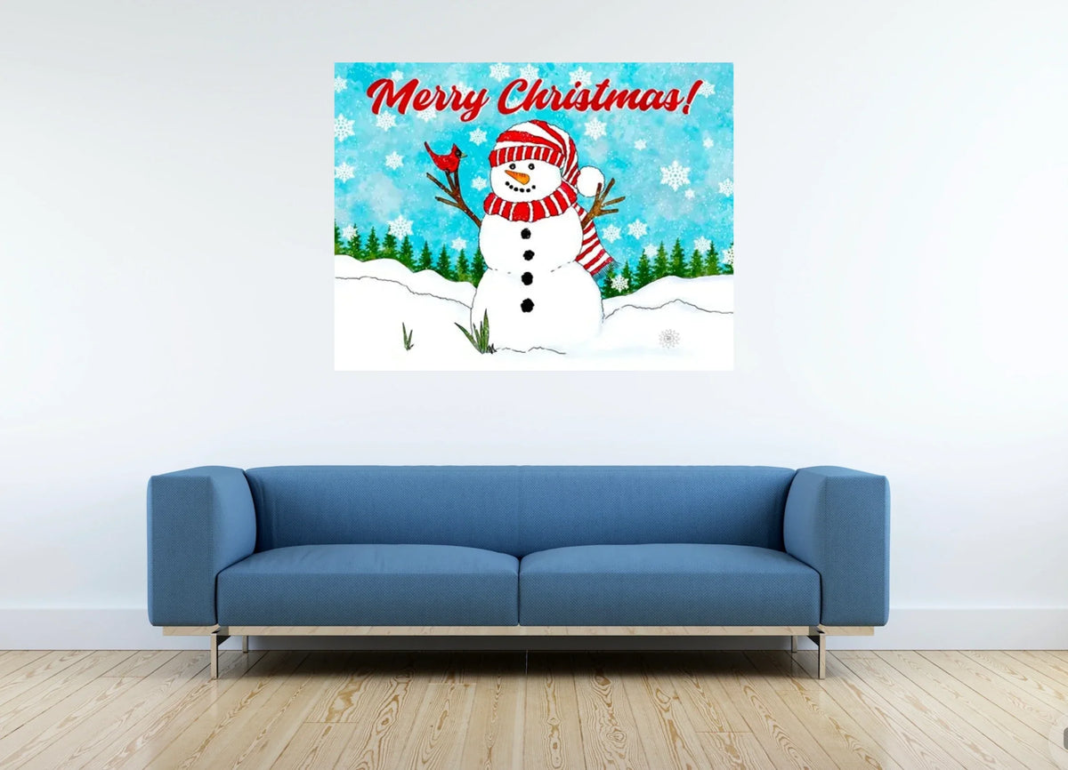 Snowman All the Way - extra large 36 x 48 unframed art print shown hanging on a wall