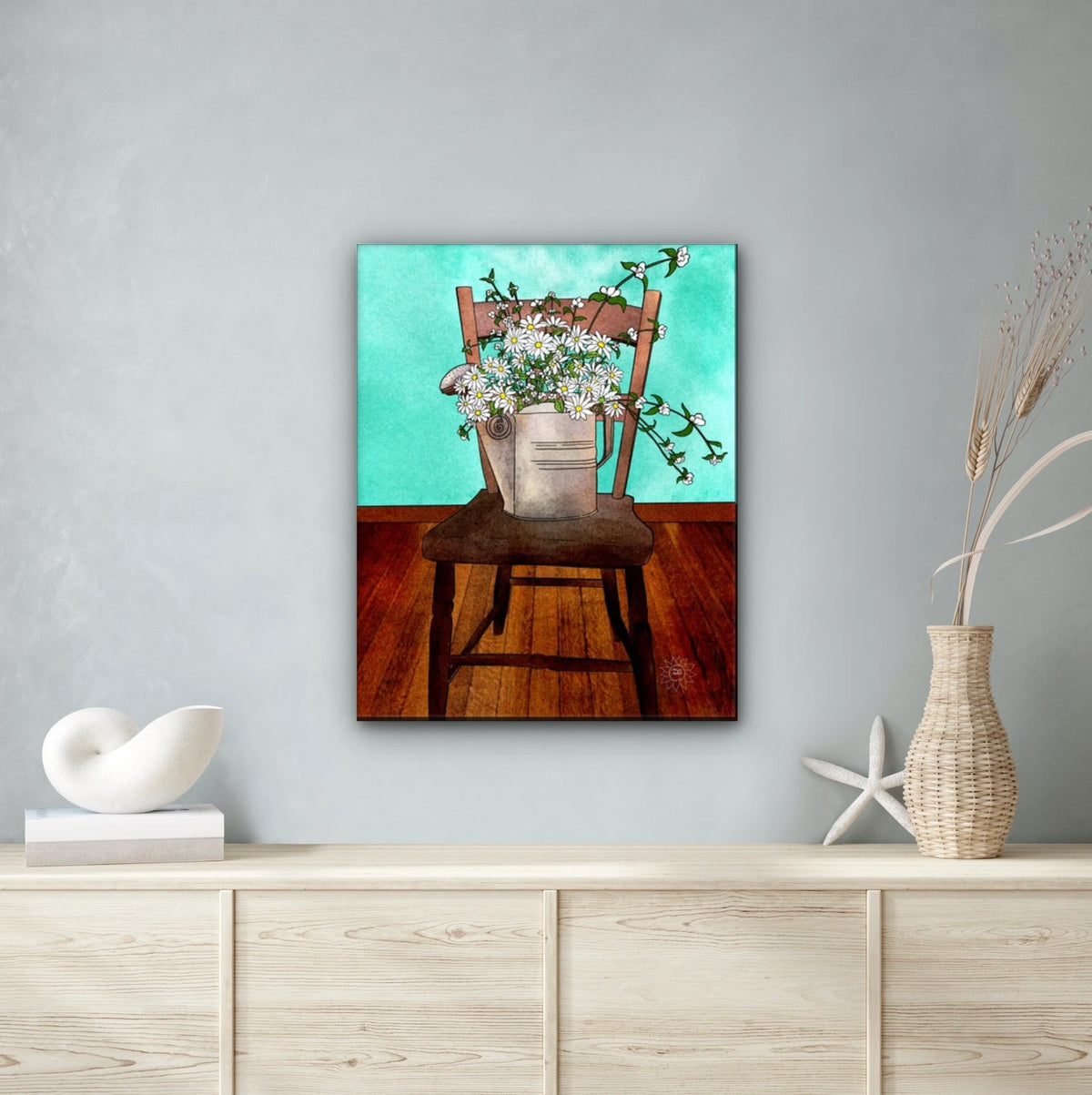 Sprinkling Can and Daisies - extra large 36 x 48 unframed art print shown hanging on a wall