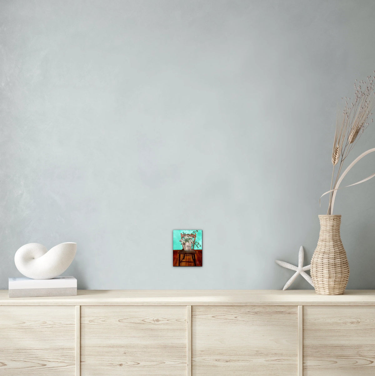 Sprinkling Can and Daisies - small 8 x 10 unframed art print shown hanging on a wall