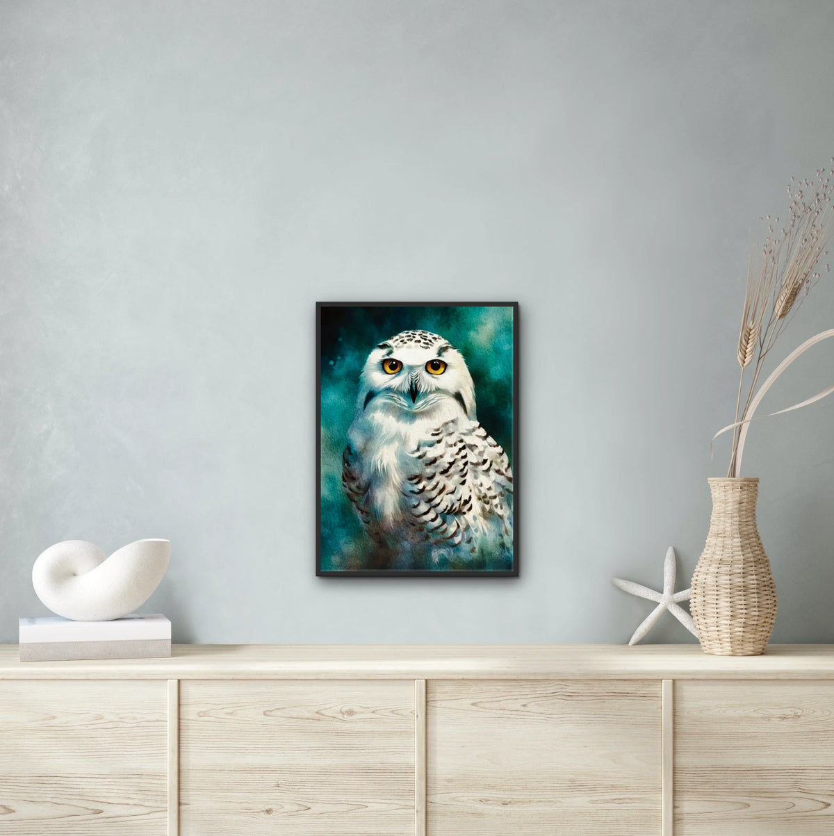 Staring Snow Owl - large 24 x 36 framed art print shown hanging on a wall