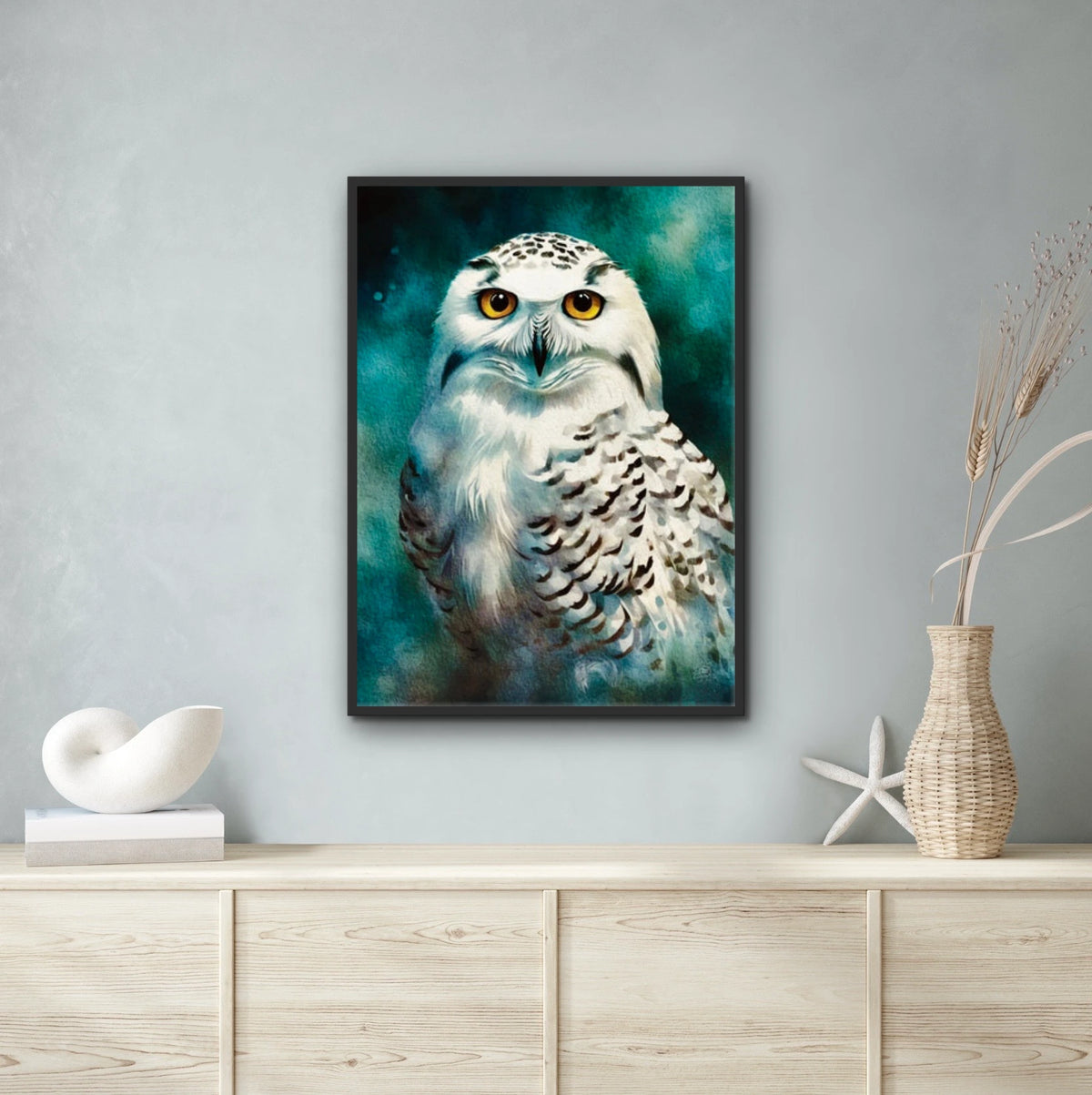 Staring Snow Owl - extra large 36 x 48 framed art print shown hanging on a wall