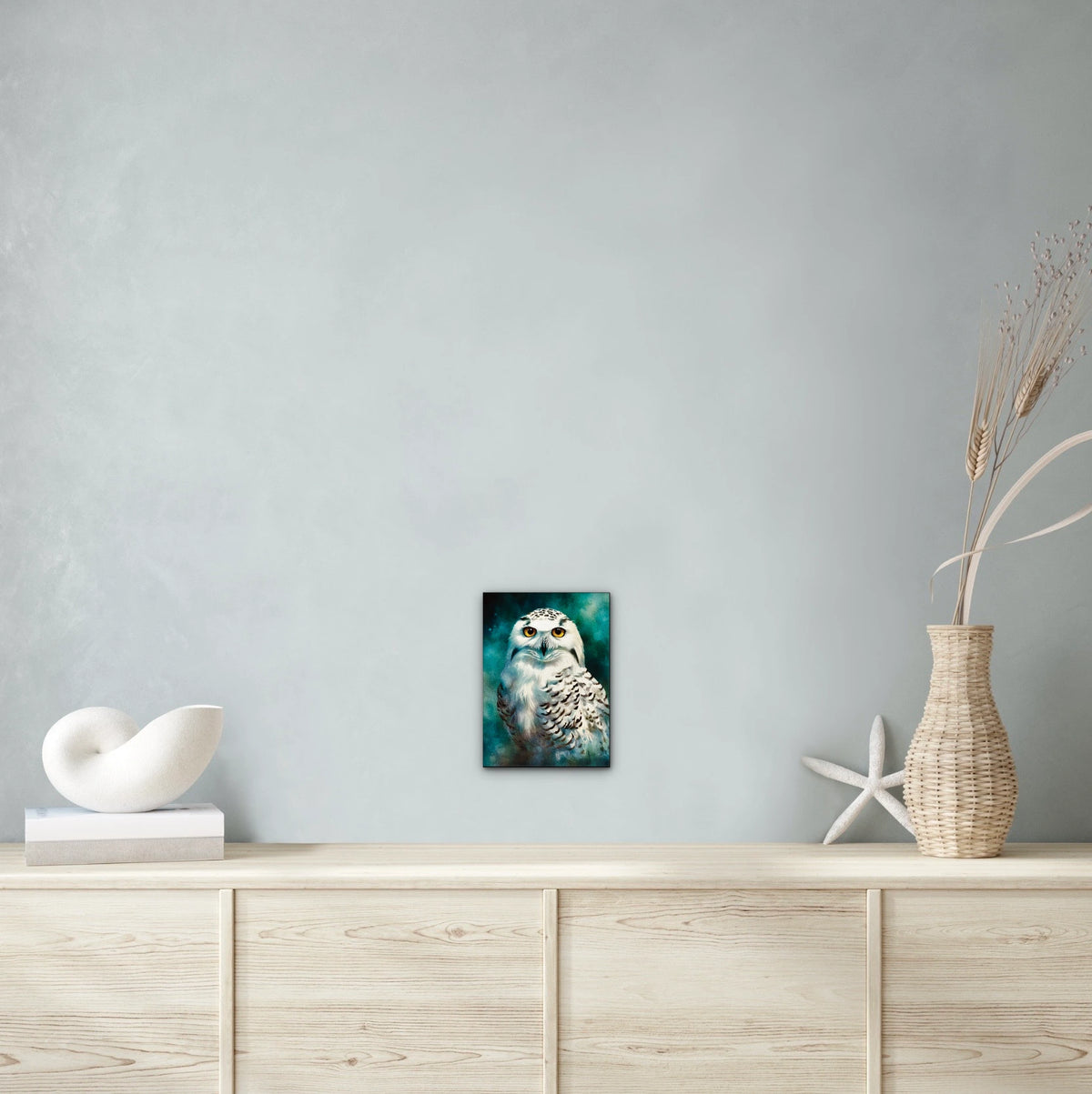 Staring Snow Owl - medium 12 x 16 unframed art print shown hanging on a wall