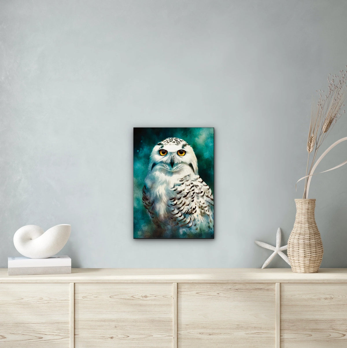 Staring Snow Owl - large 24 x 36 unframed art print shown hanging on a wall