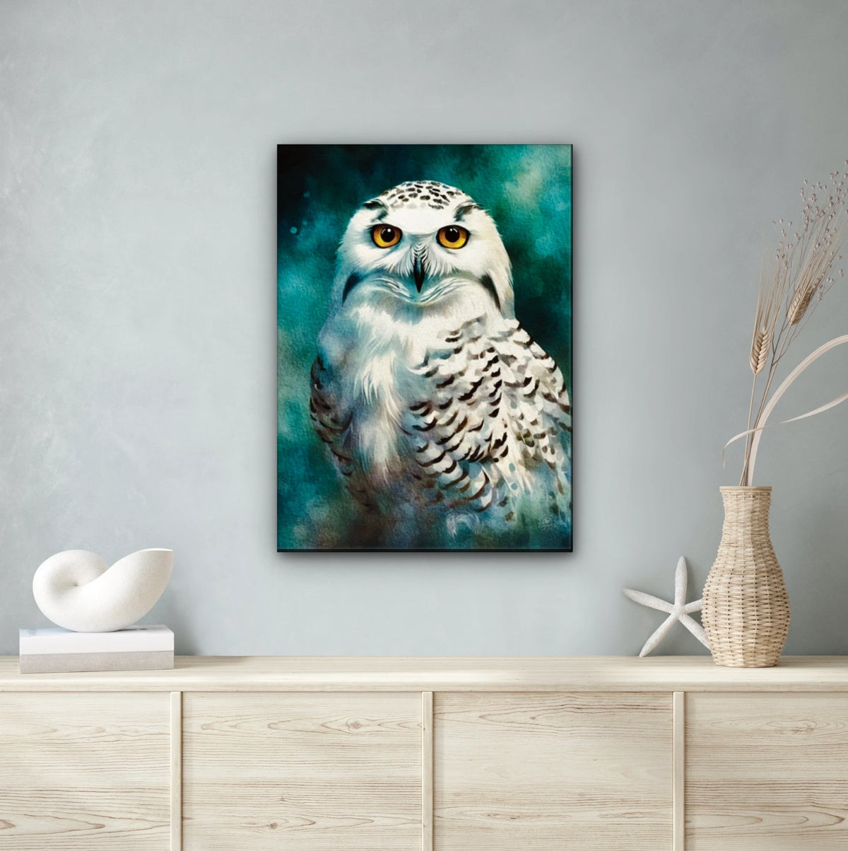 Staring Snow Owl - extra large 36 x 48 unframed art print shown hanging on a wall