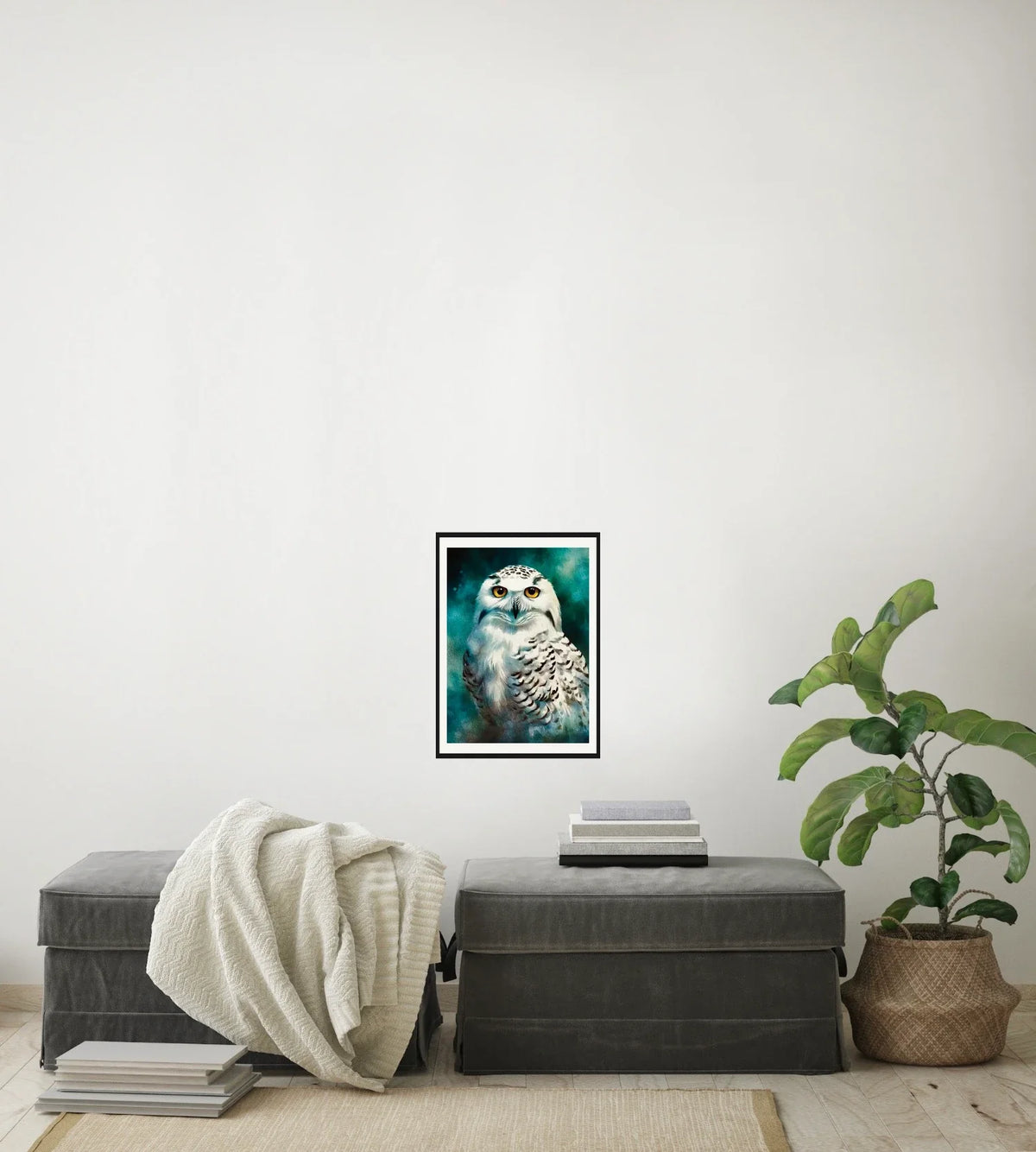 Staring Snow Owl - medium 12 x 16 matted and framed art print shown hanging on a wall