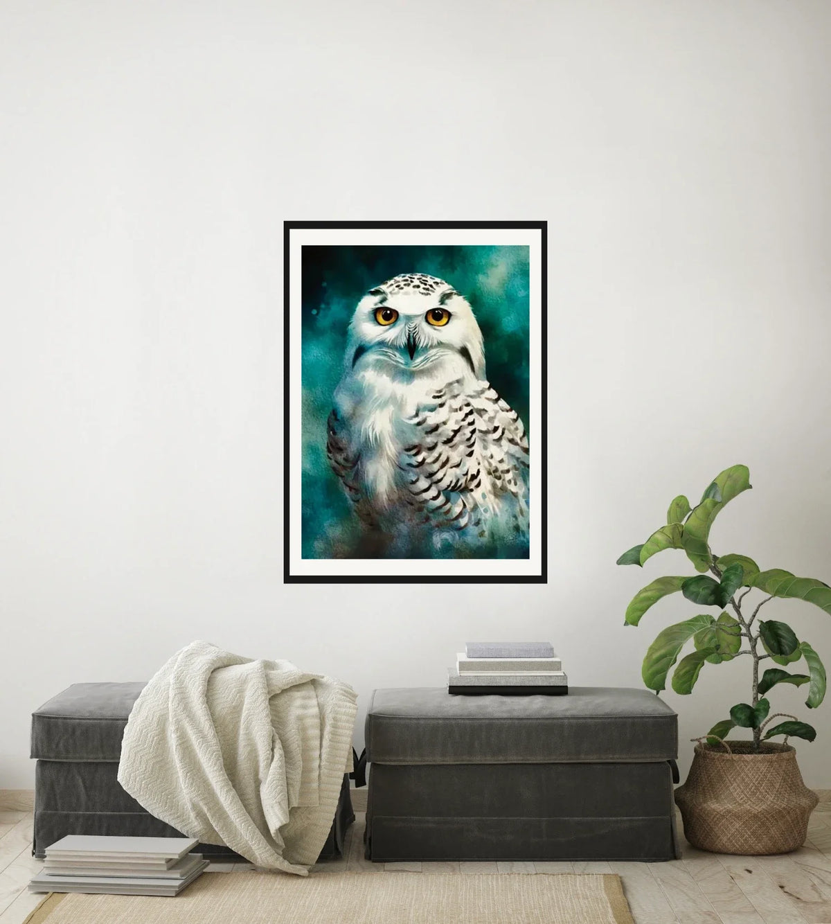 Staring Snow Owl - large 24 x 36 matted and framed art print shown hanging on a wall