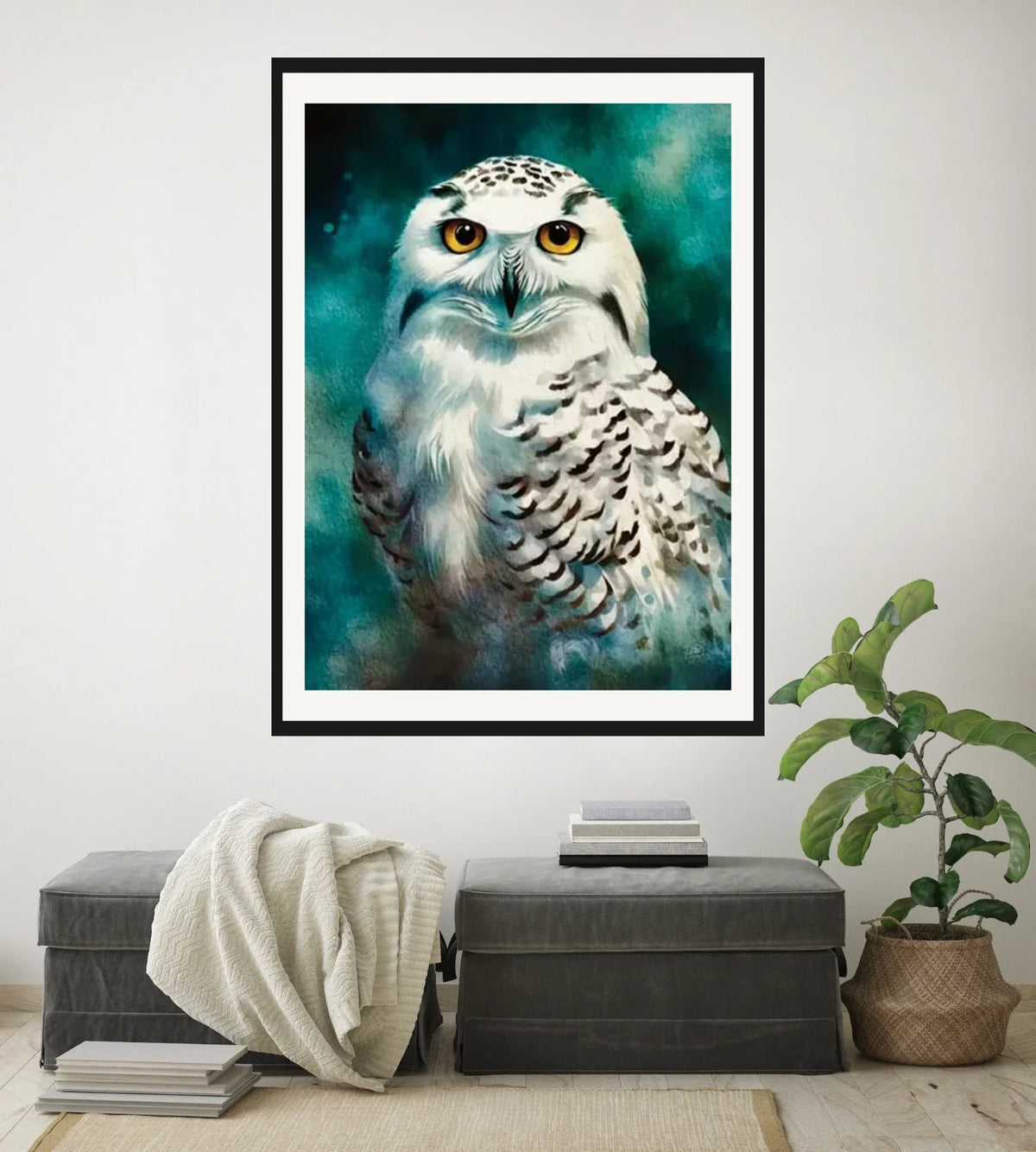 Staring Snow Owl - extra large 36 x 48 matted and framed art print shown hanging on a wall