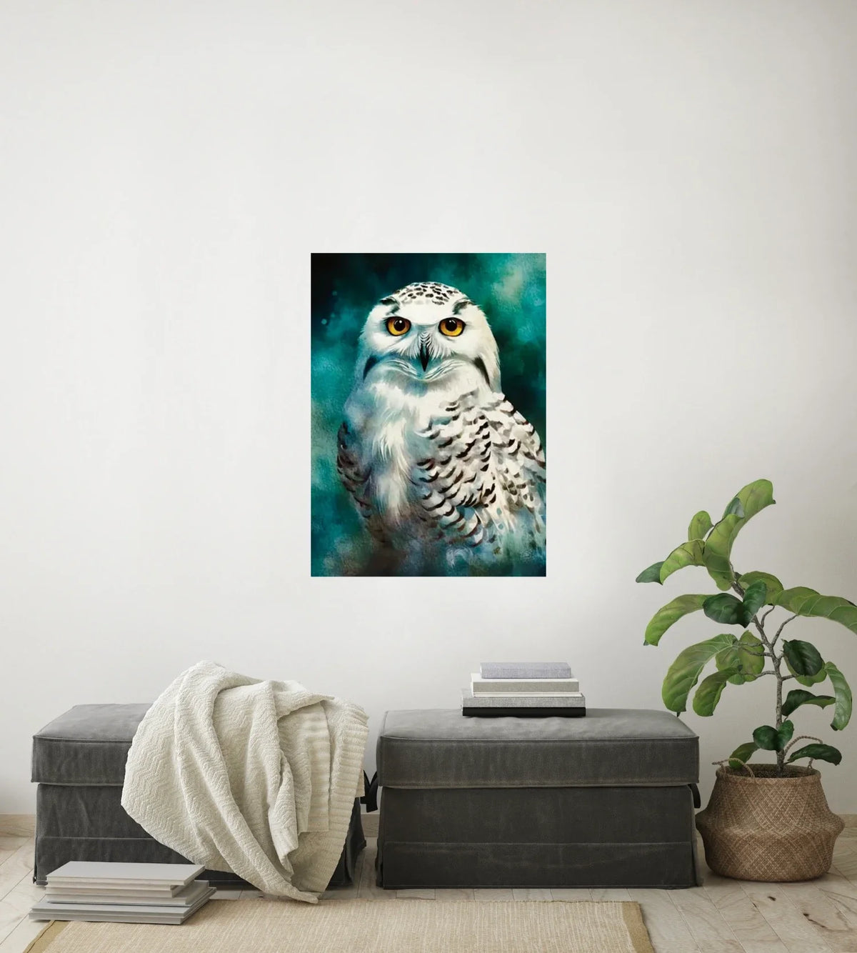 Staring Snow Owl - large 24 x 36 unframed art print shown hanging on a wall