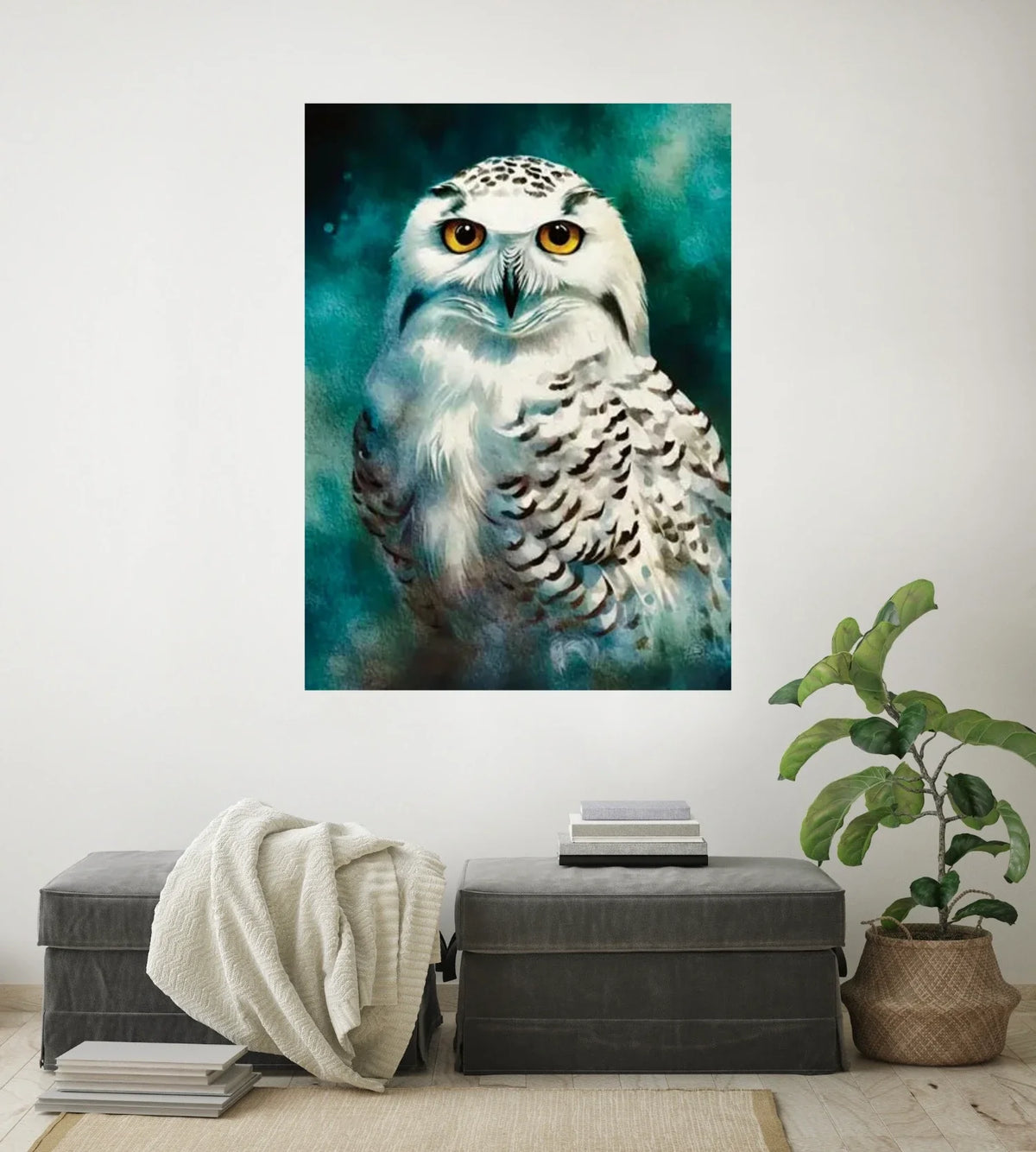 Staring Snow Owl - extra large 36 x 48 unframed art print shown hanging on a wall