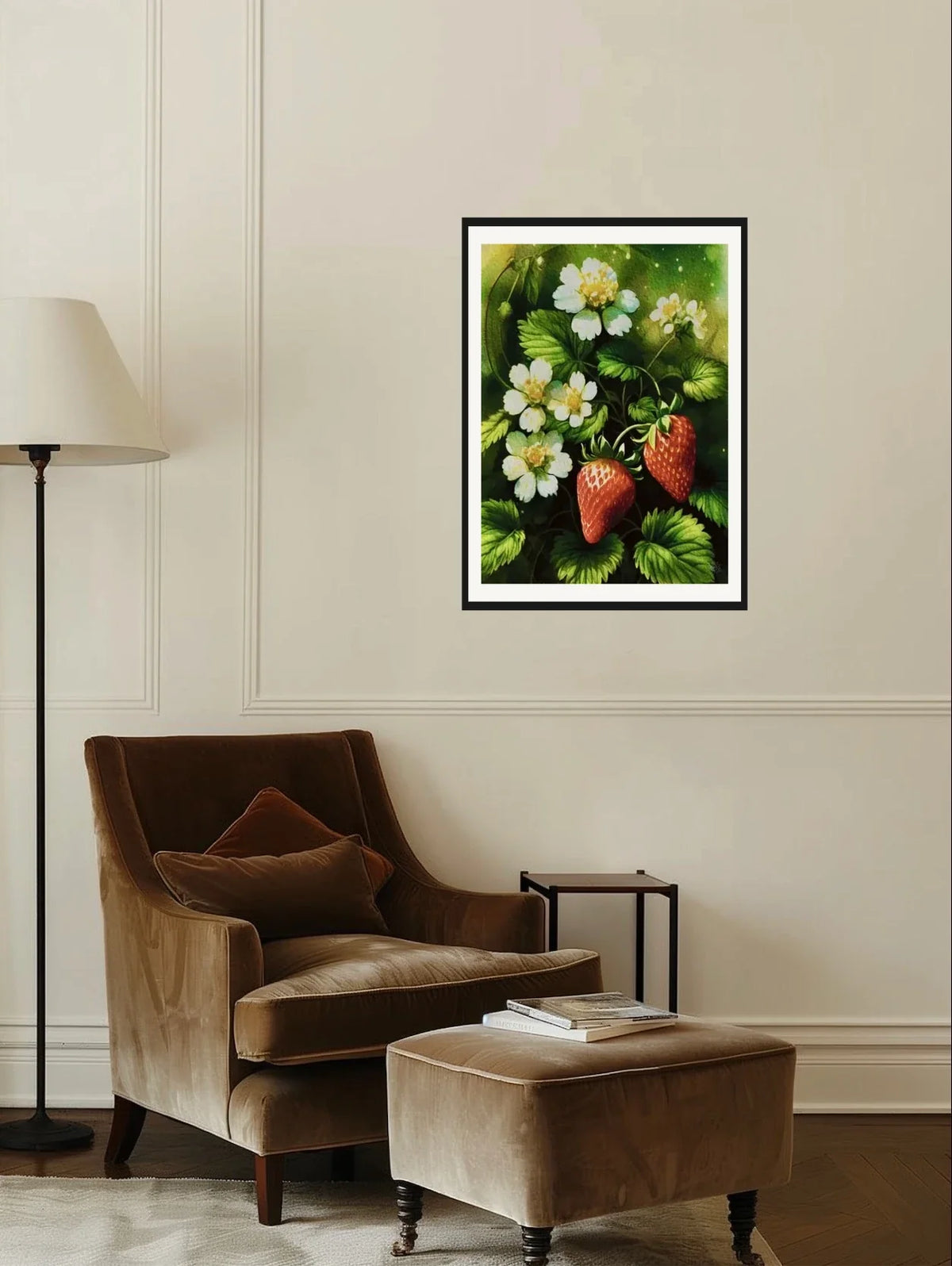 Strawberry Plant with Flowers - large 24 x 36 matted and framed art print shown hanging on a wall