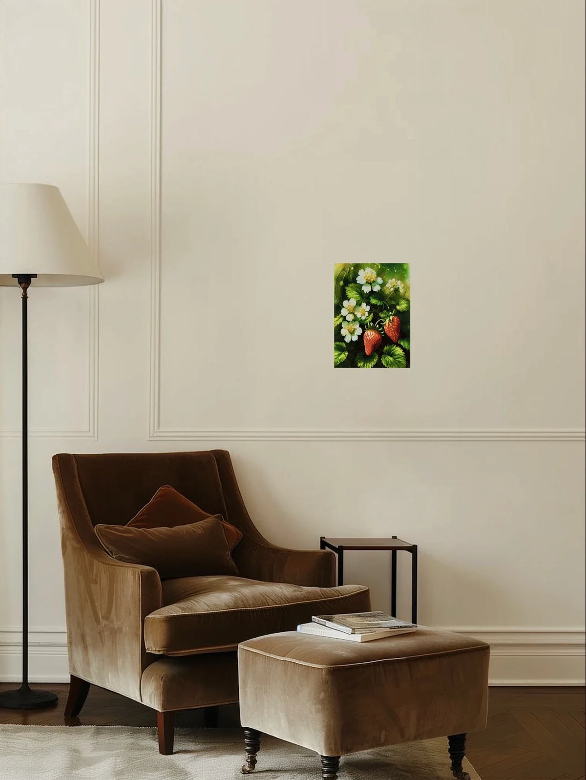 Strawberry Plant with Flowers - medium 12 x 16 unframed art print shown hanging on a wall