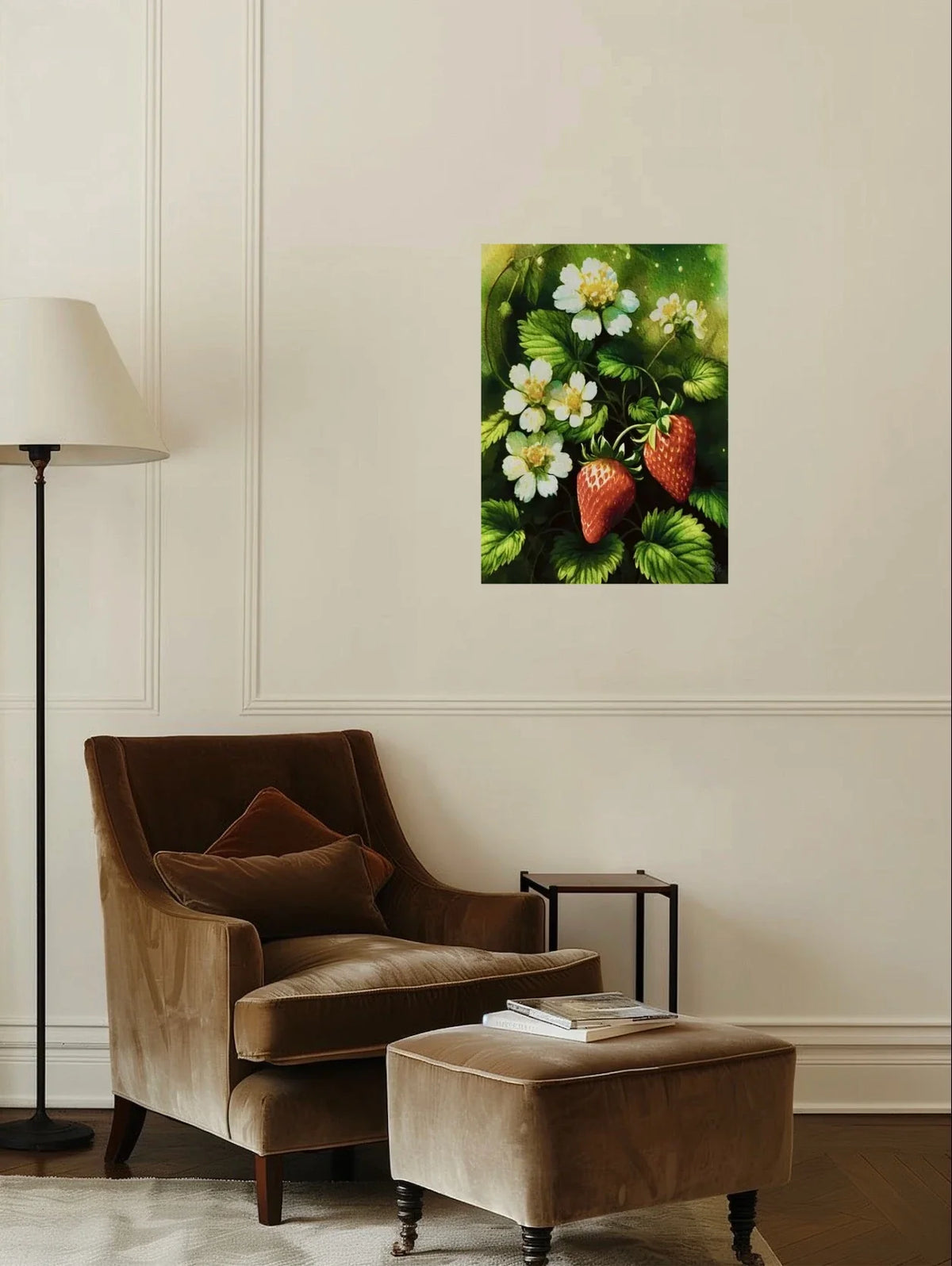 Strawberry Plant with Flowers - large 24 x 36 unframed art print shown hanging on a wall