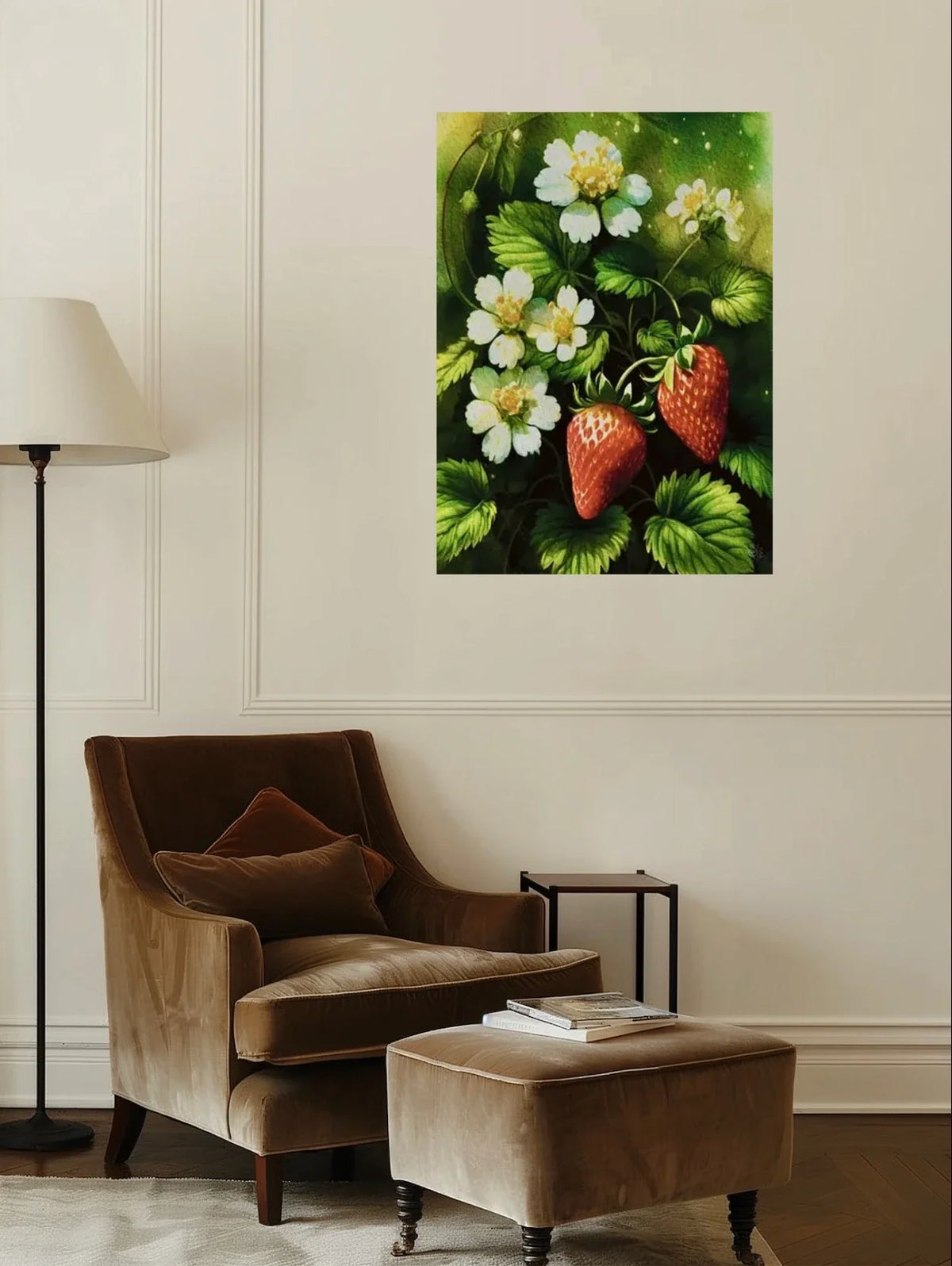 Strawberry Plant with Flowers - extra large 36 x 48 unframed art print shown hanging on a wall