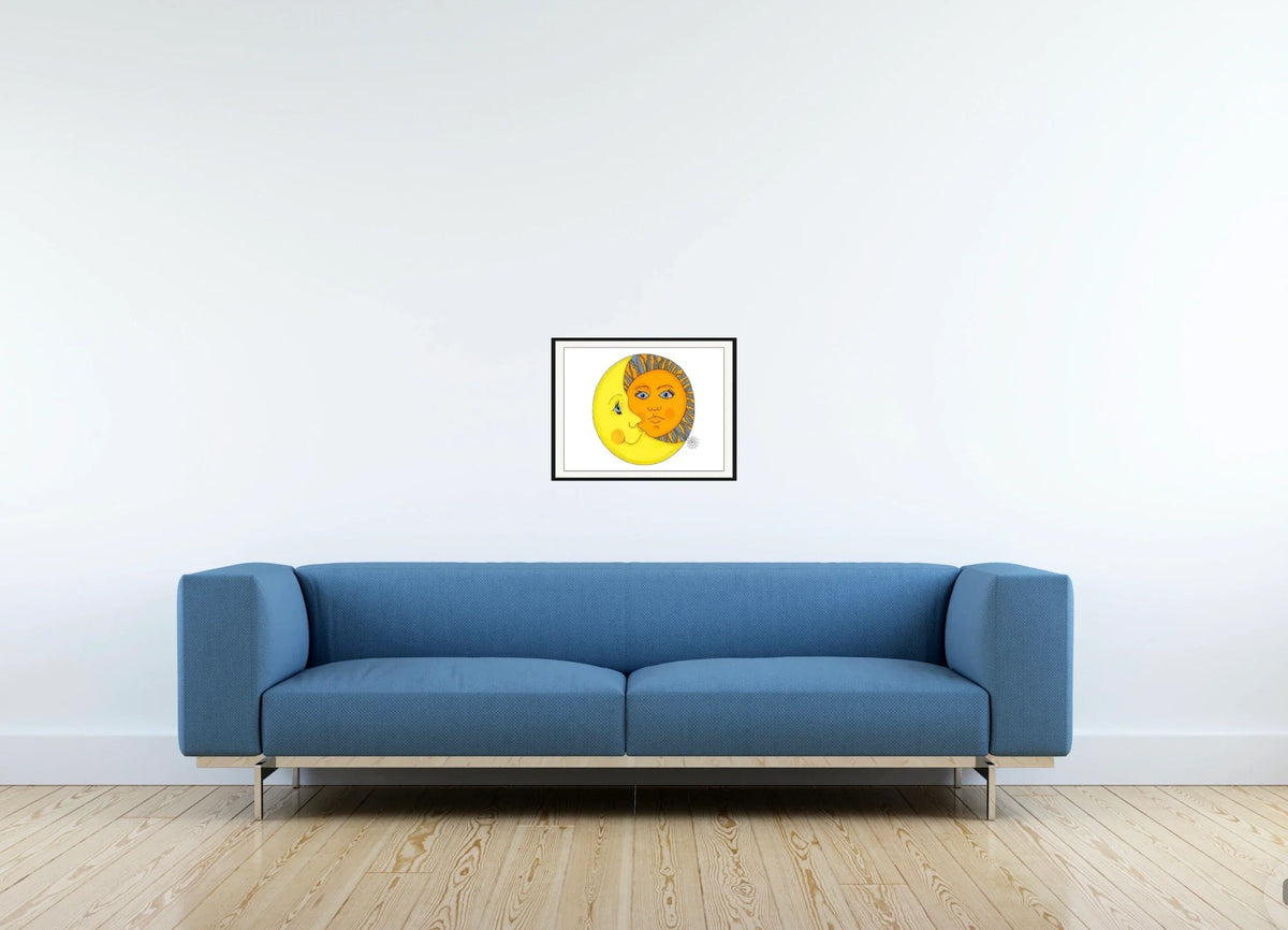 Sun and Moon - medium 12 x 16 matted and framed art print shown hanging on a wall